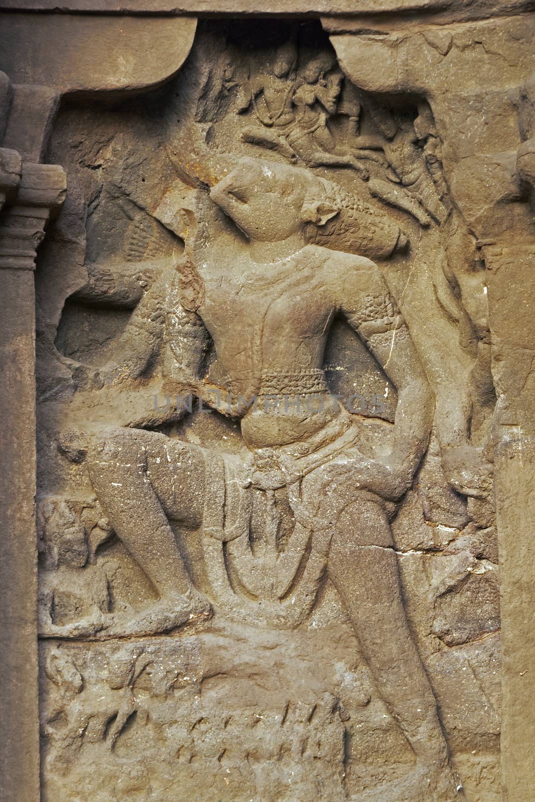 Religious carving on the Hindu Temple (Kailas Temple), itself carved out of solid rock. Cave 16, Ellora Caves, India. 8th Century AD