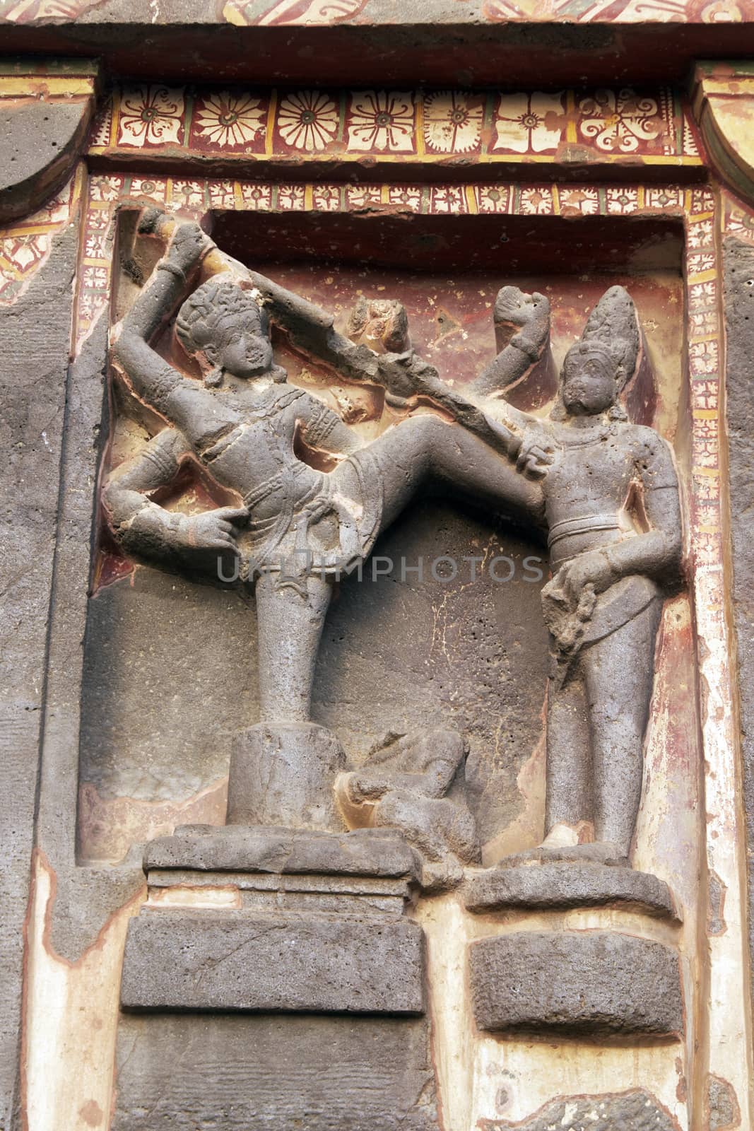 Religious carving on the Hindu Temple (Kailas Temple), itself carved out of solid rock. Cave 16, Ellora Caves, India. 8th Century AD