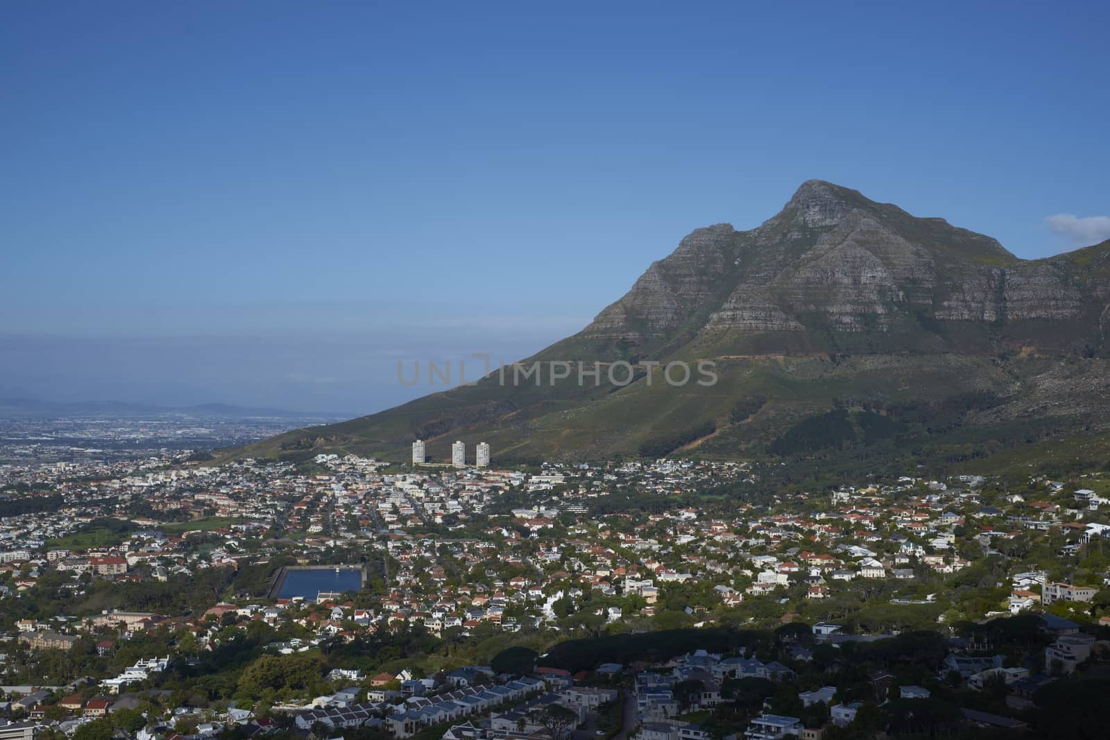 Cape Town in South Africa. Large city nestling beneath Table Mountain
