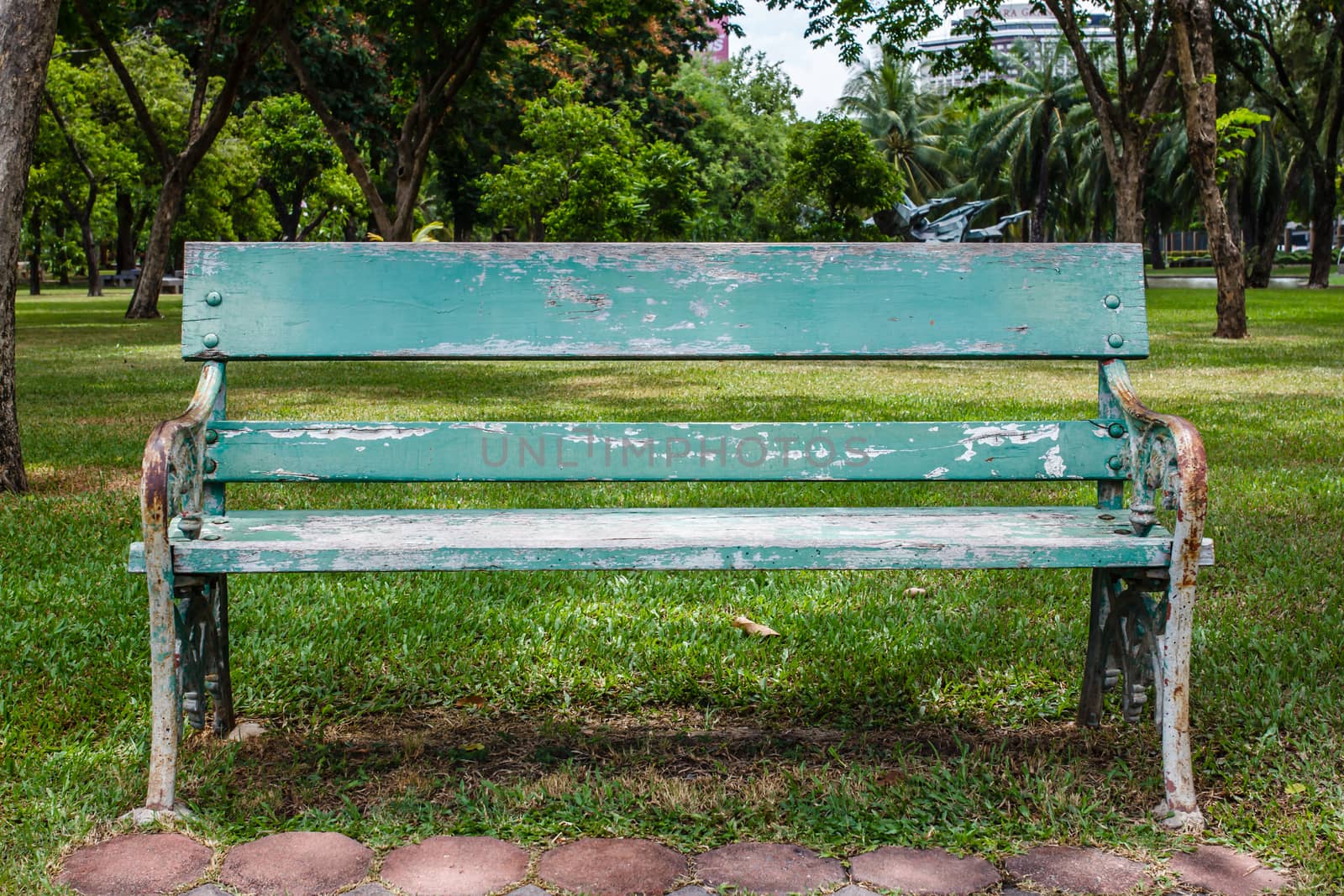 wooden park bench at a park