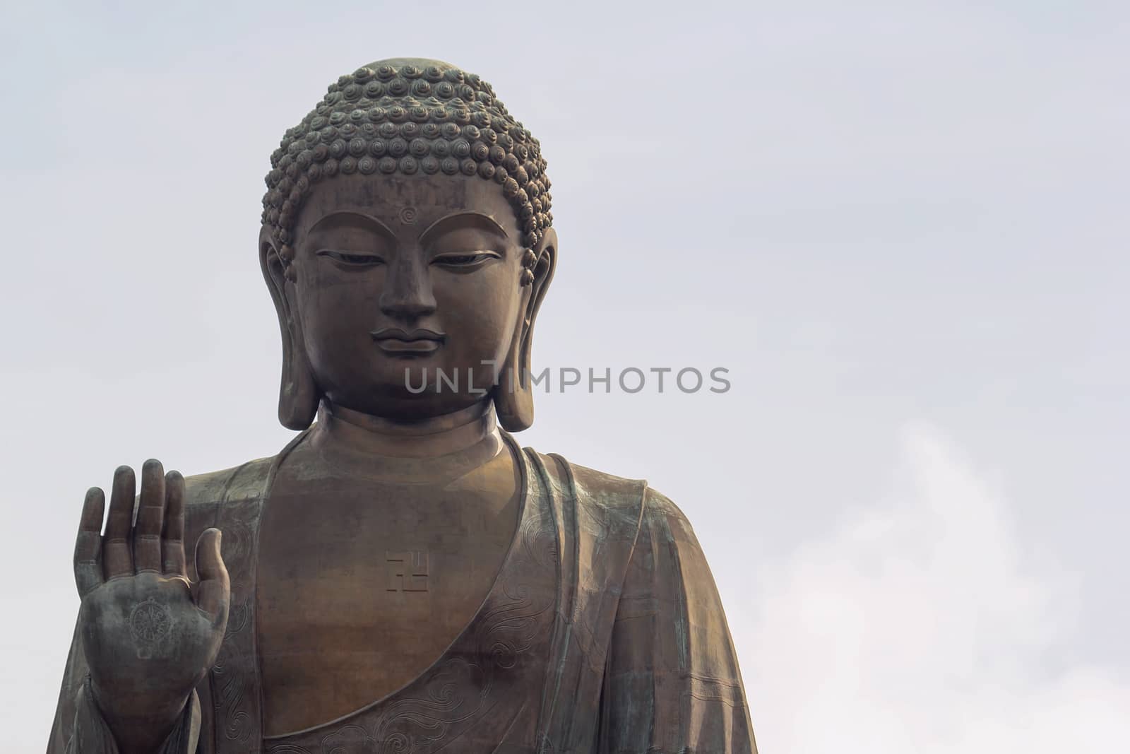 Tian Tan World Largest Sitting Bronze Buddha at Ngong Ping Village in Hong Kong Closeup