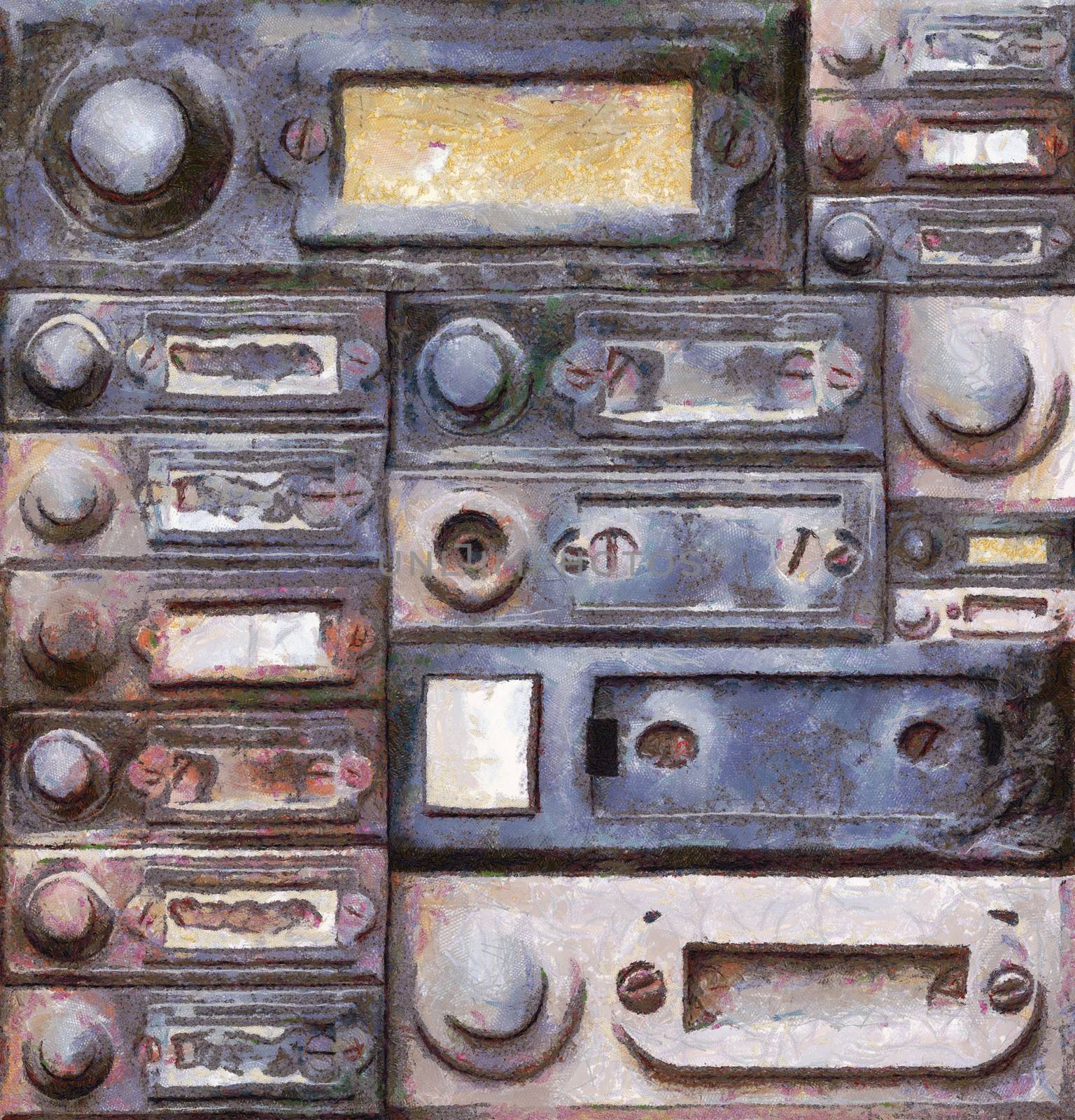 Painting of the various old doorbells - mixed media