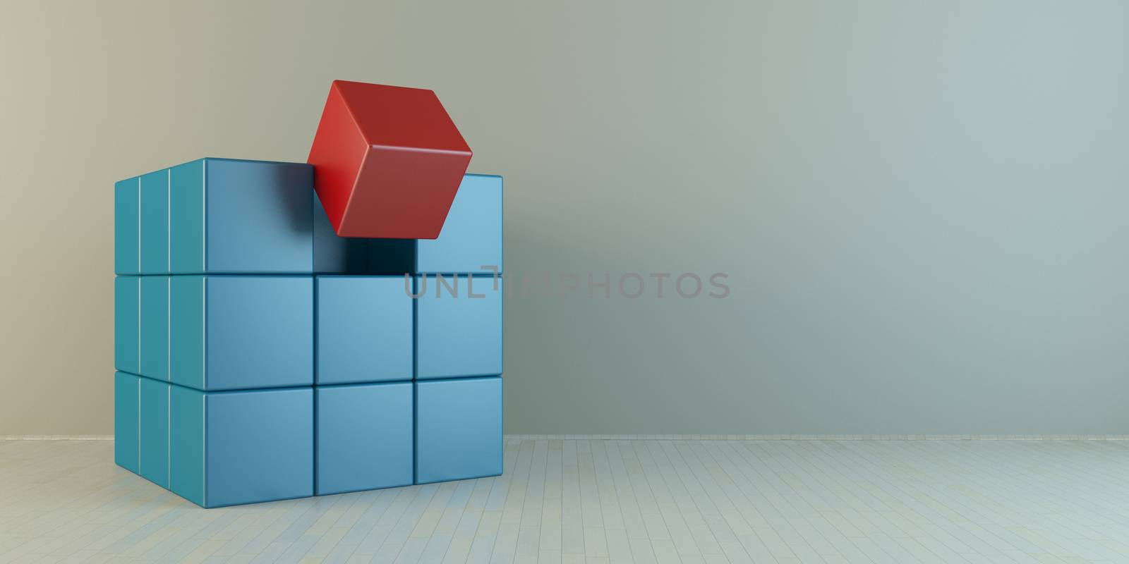 arranged 3d blue cubes with one red in front of the group