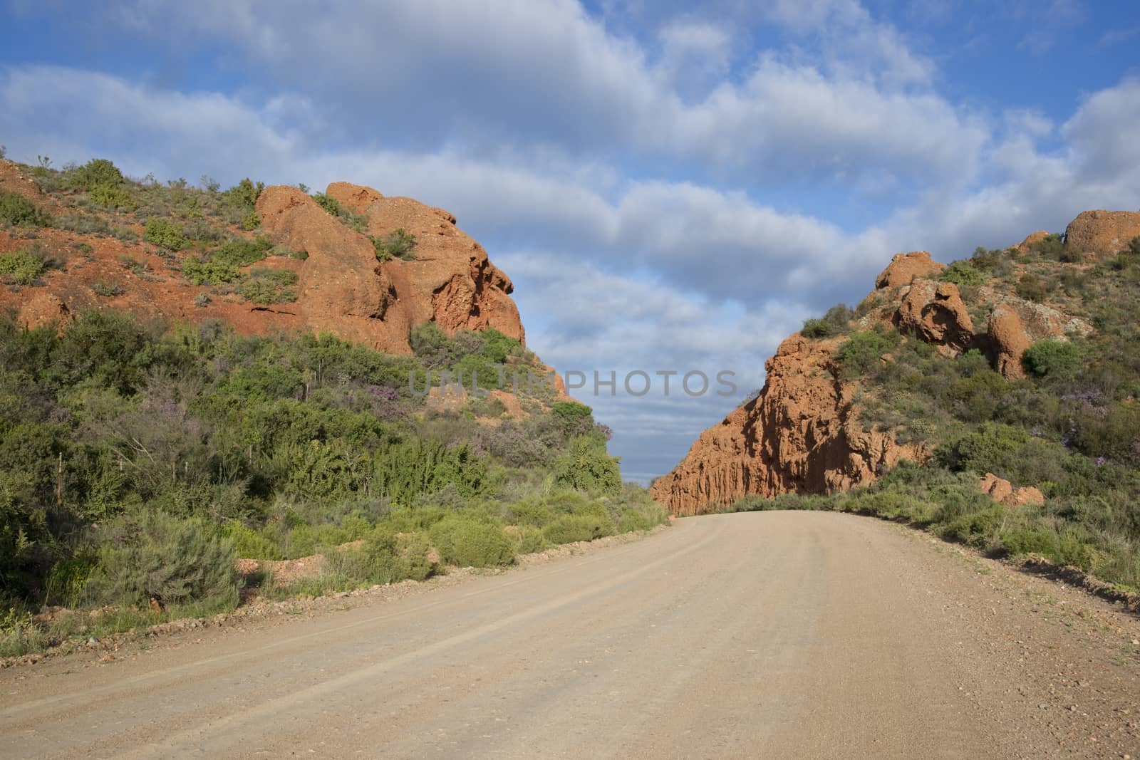 Gravel road running through a gap in a red colored escarpment in the Oudtshoorn region of the Western Cape in South Africa