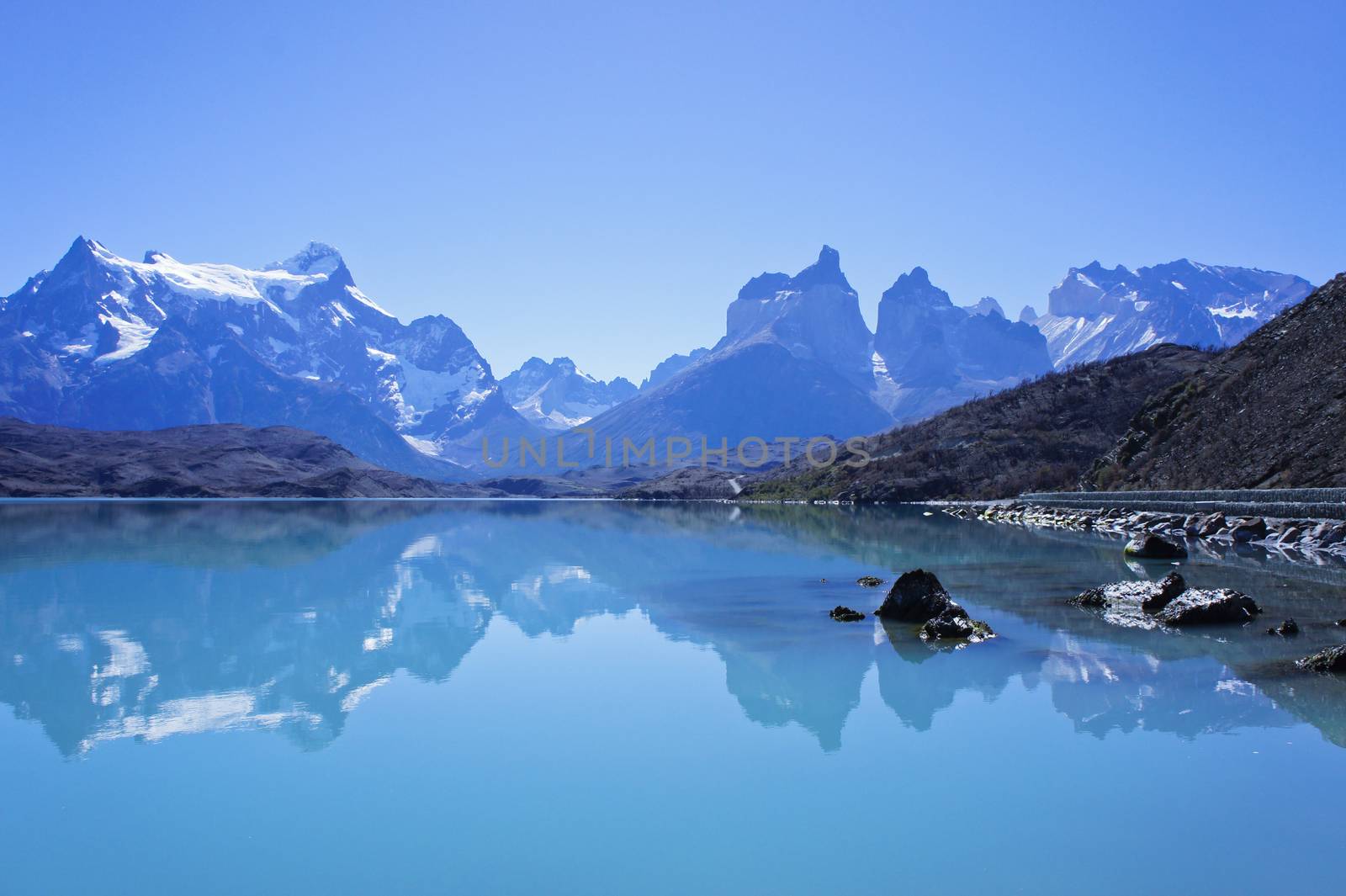 Torres del Paine National Park. Reflection on the lake. On the right, the aftermath of 2011 fire