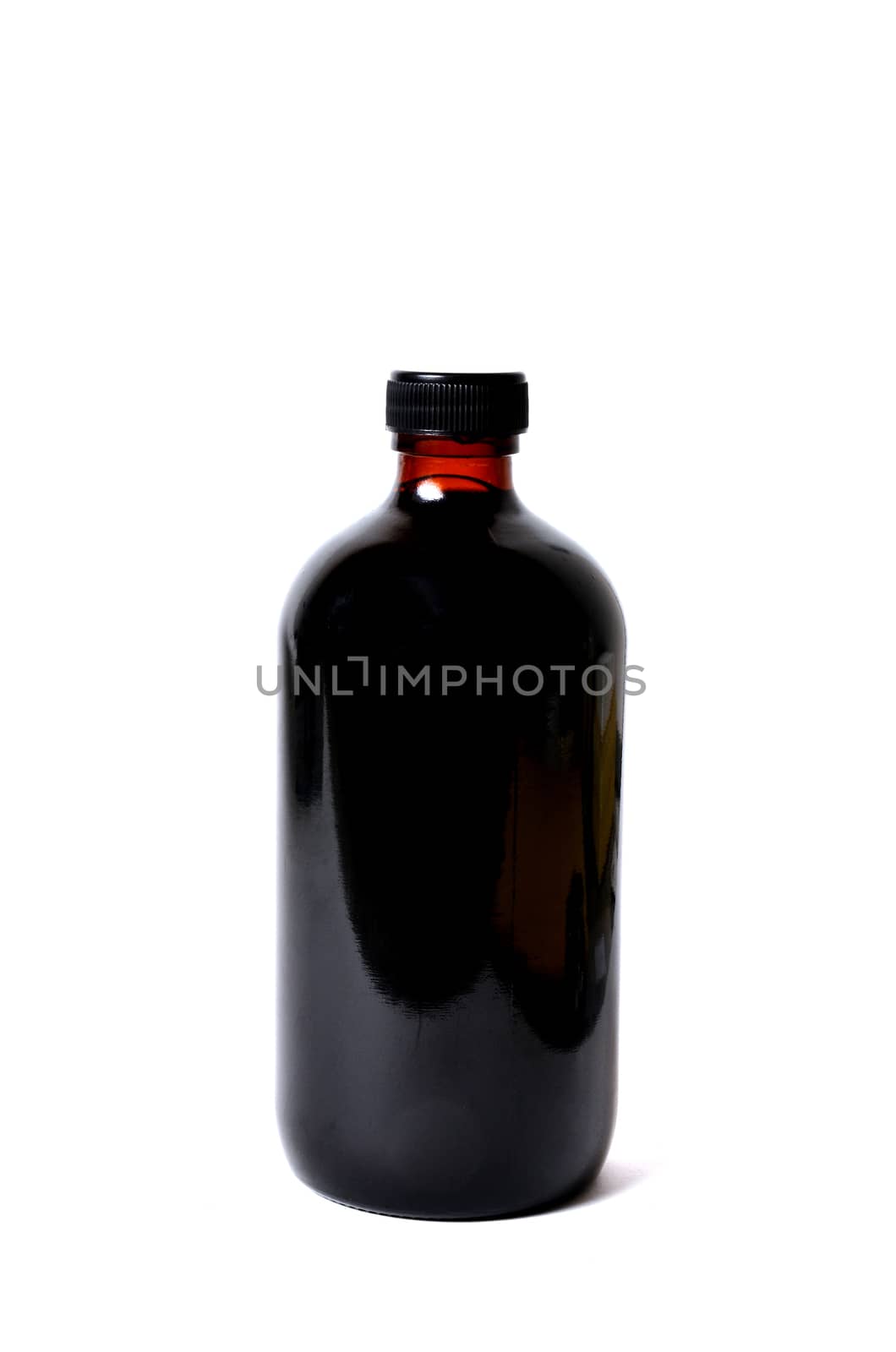 black bottle with liquid inside on white background