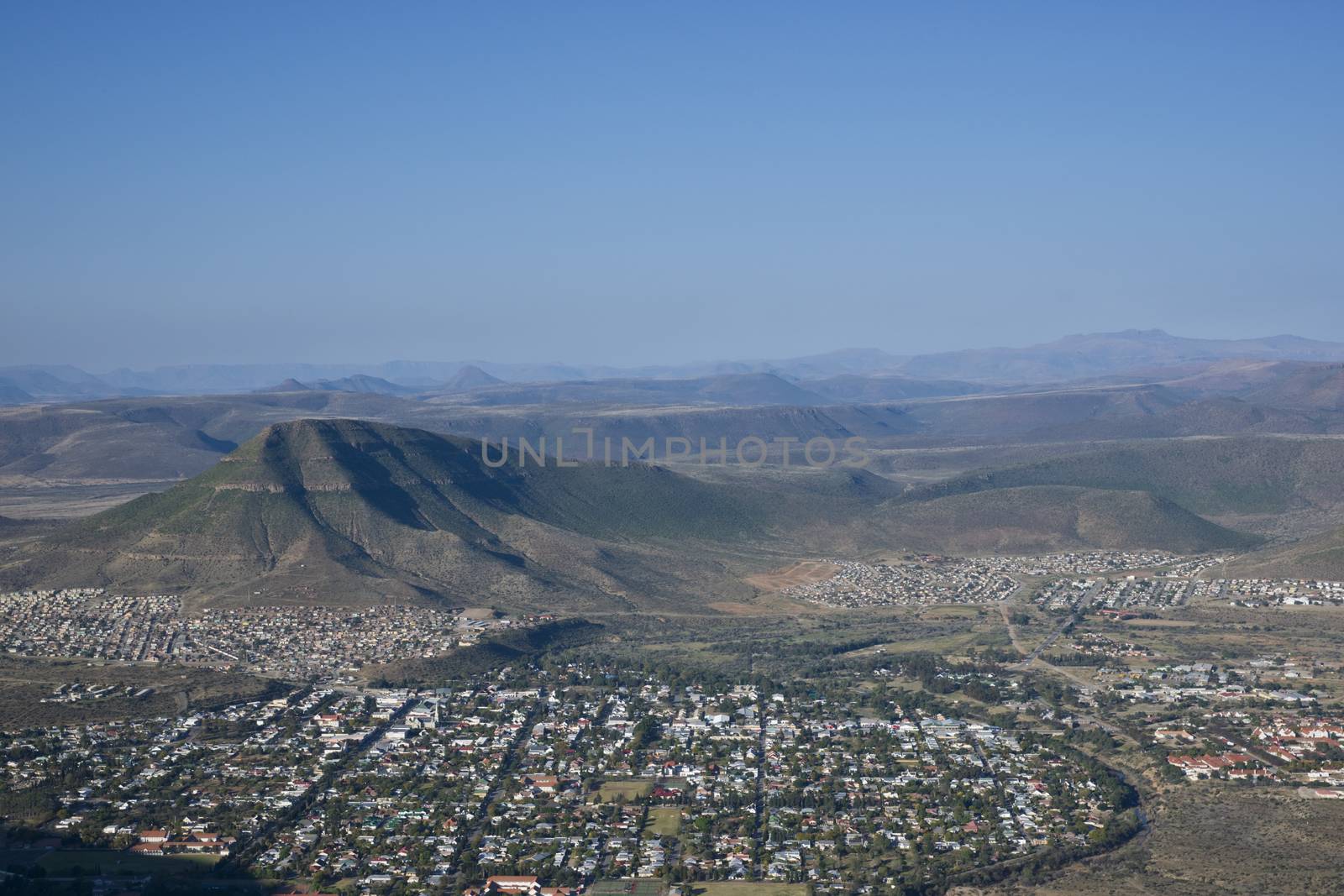 Town of Graaff-Reinet in the Eastern Cape of South Africa set in the loop of the Sundays River in the Valley of Desolation.