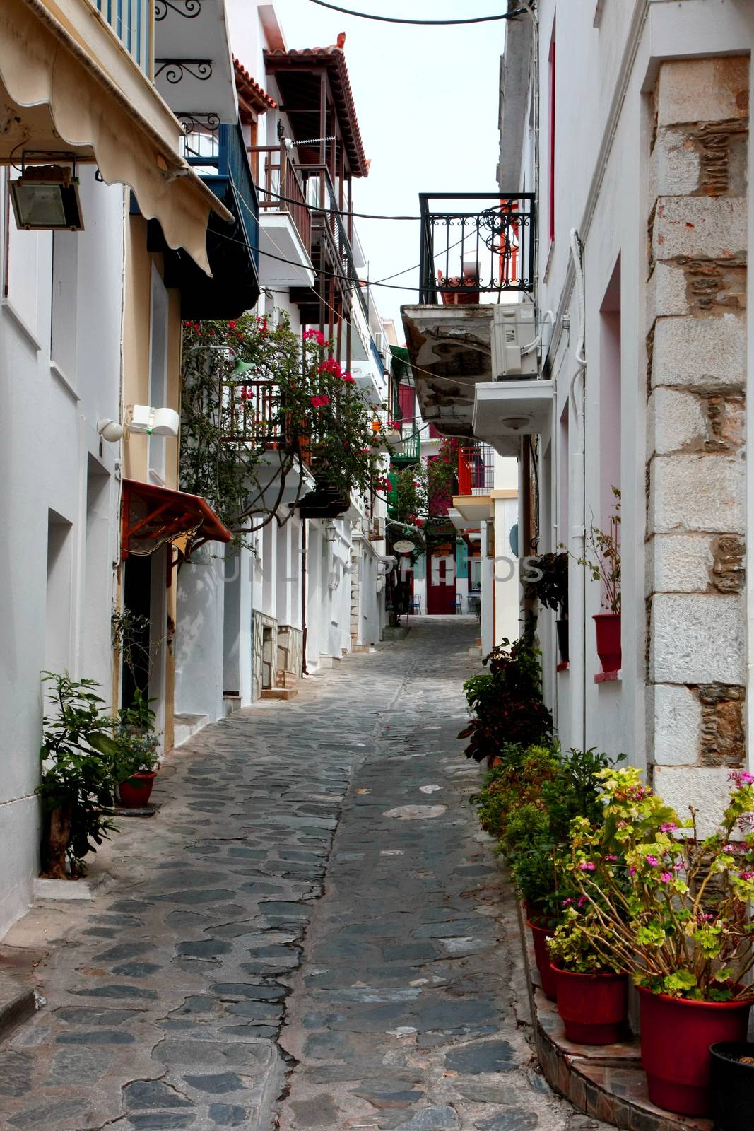 Mix of ancient Greek and Turkish architecture in Skopelos city,Greece