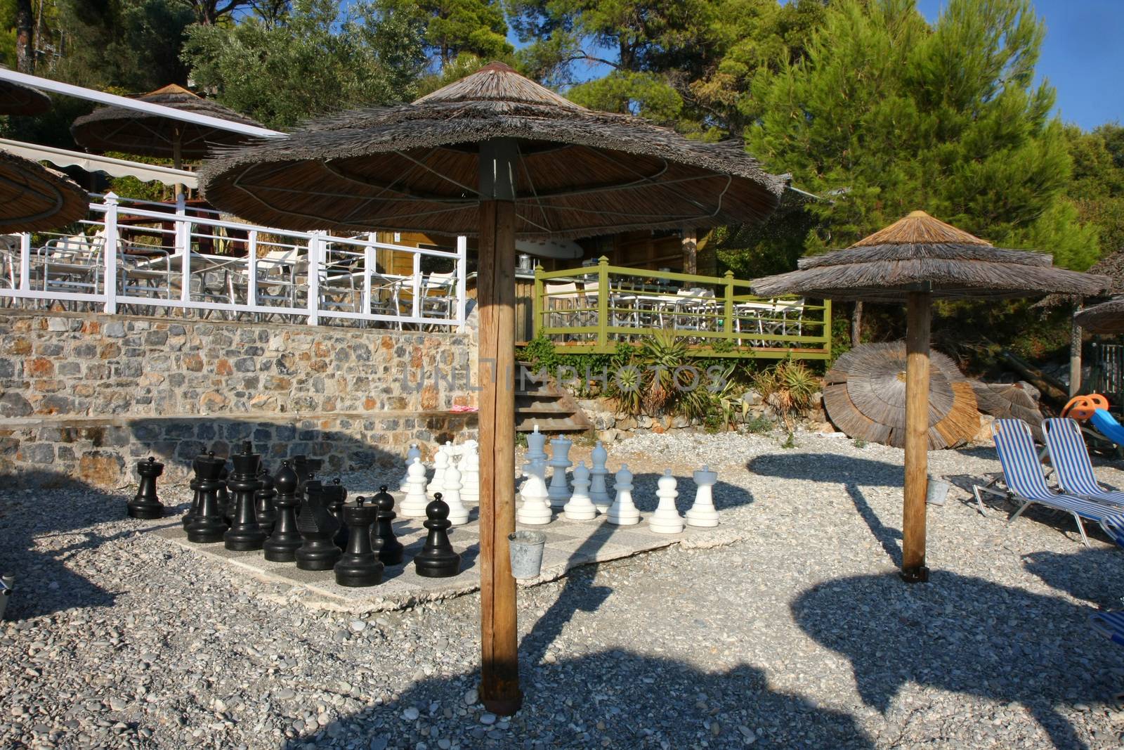 Chessboard on the beach in Adrina beach hotel,Skopelos island,Greece 