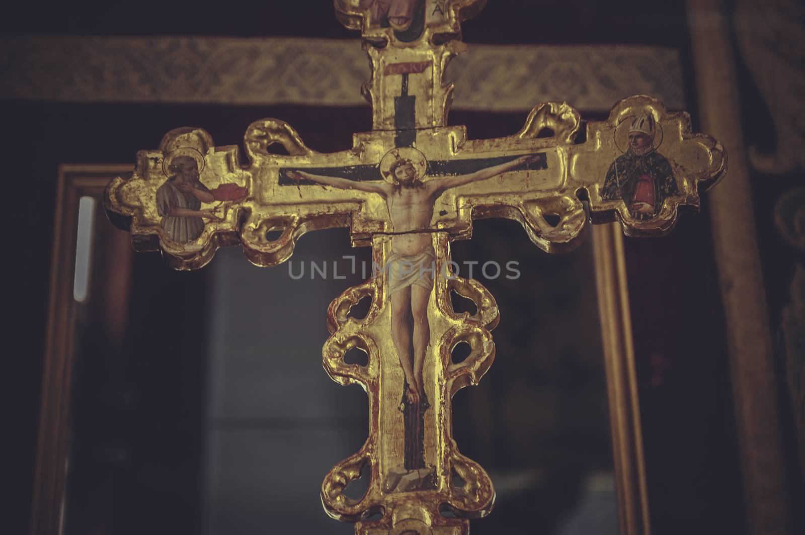 Jesus of gold and precious jewels, cross and religious symbols made ������of precious metals