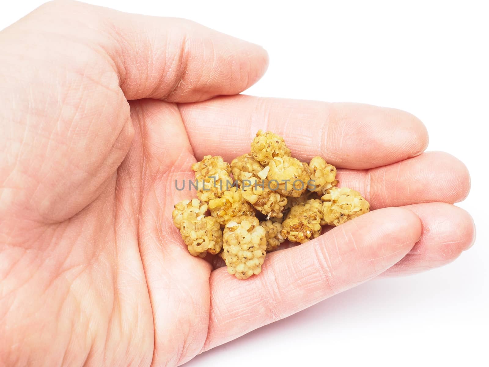 Person with dried mulberries in hand towards white