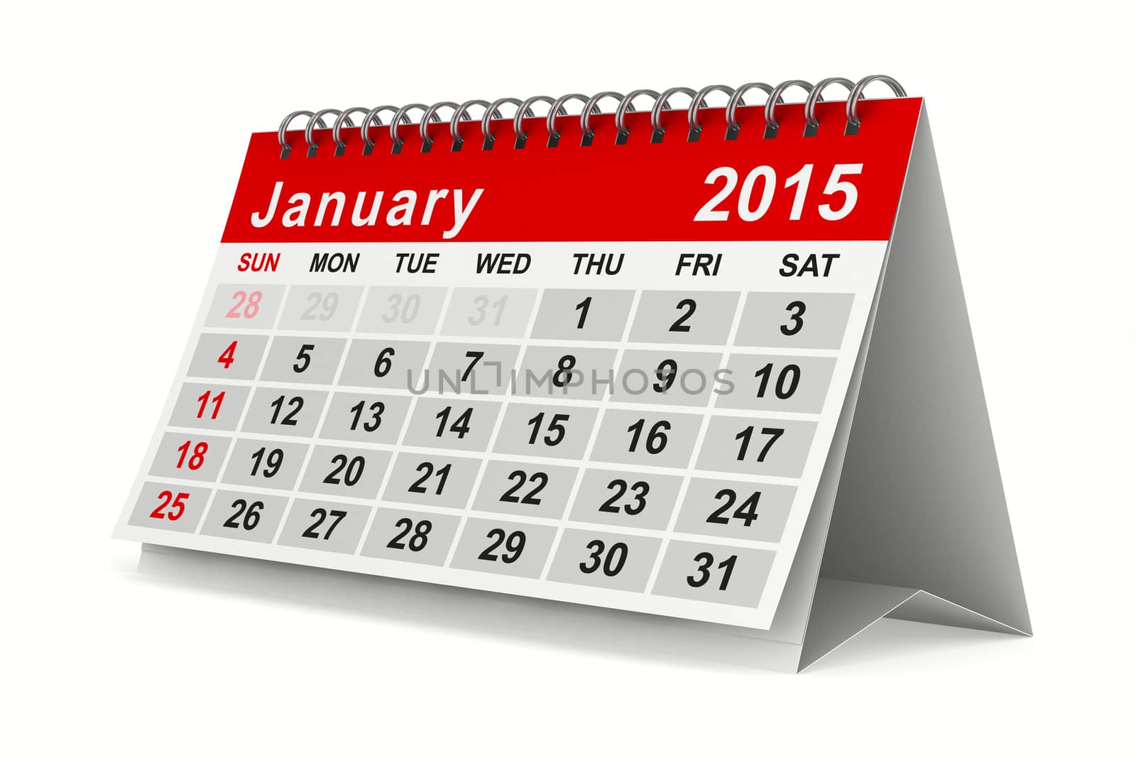 2015 year calendar. January. Isolated 3D image