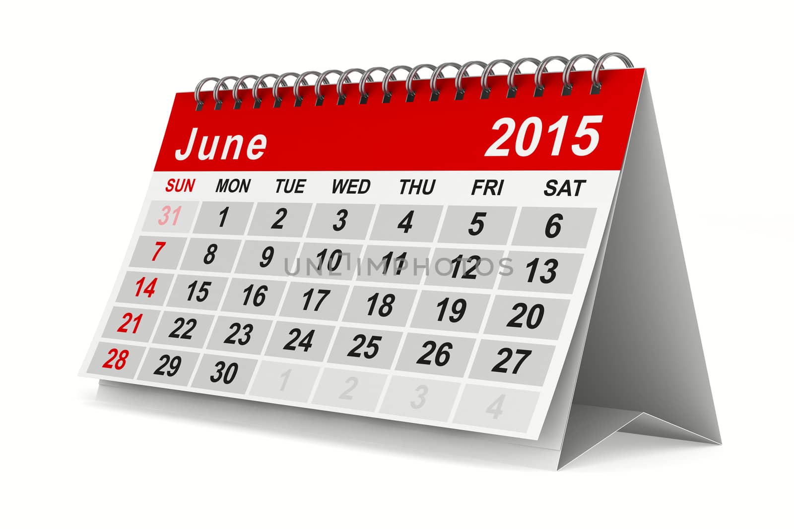 2015 year calendar. June. Isolated 3D image