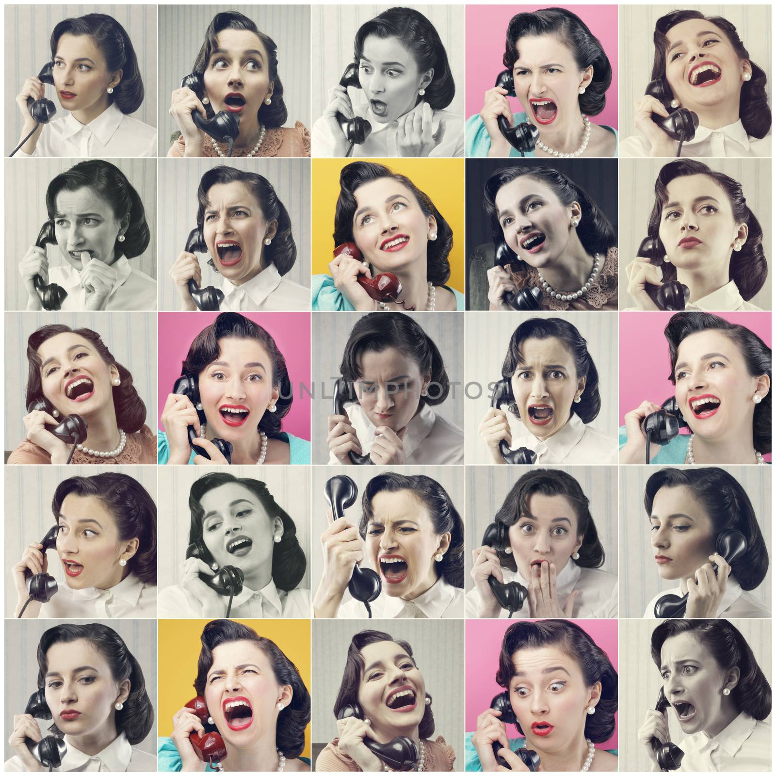Vintage woman at the phone, various images in a collage