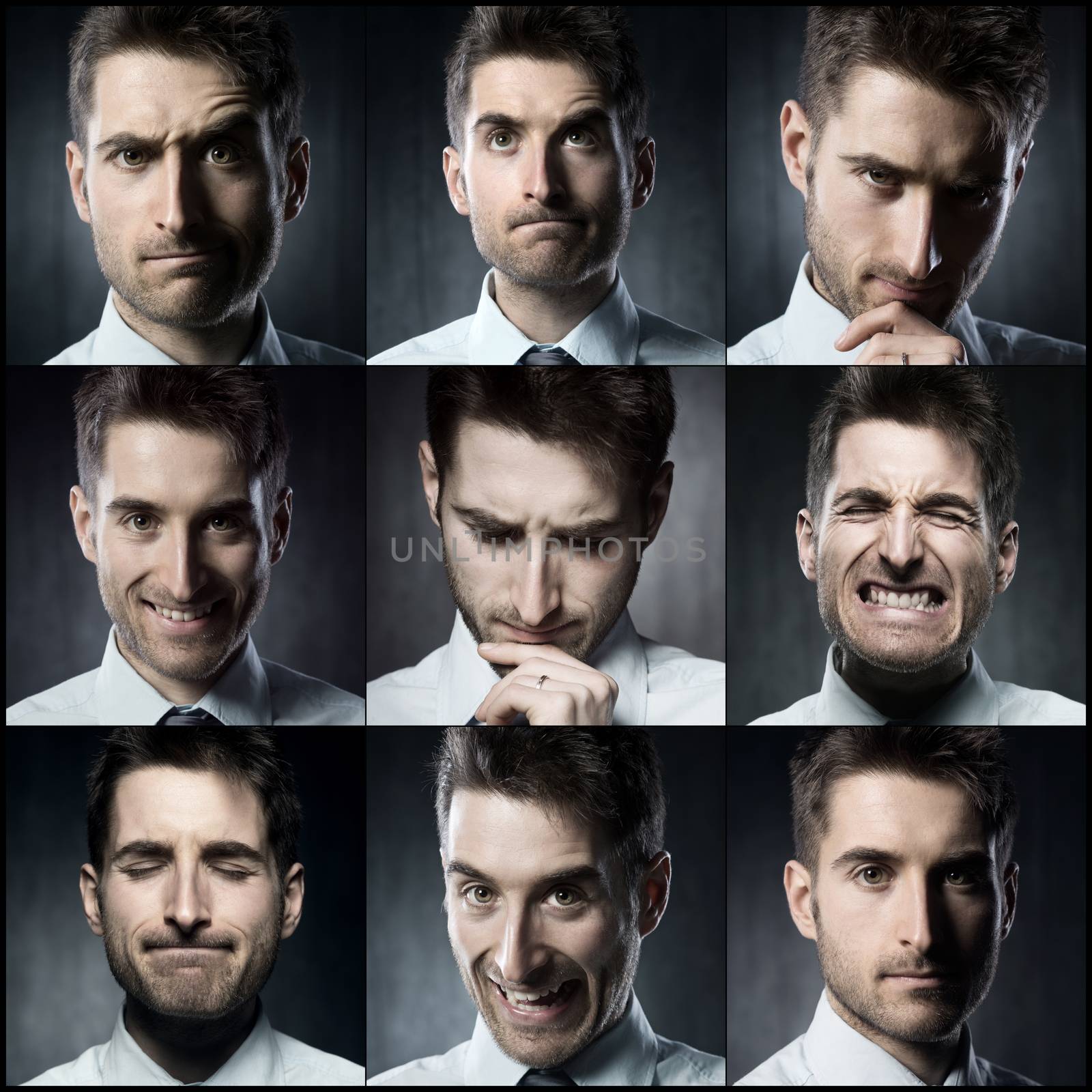 Portraits of a young businessman. Various images in a collage