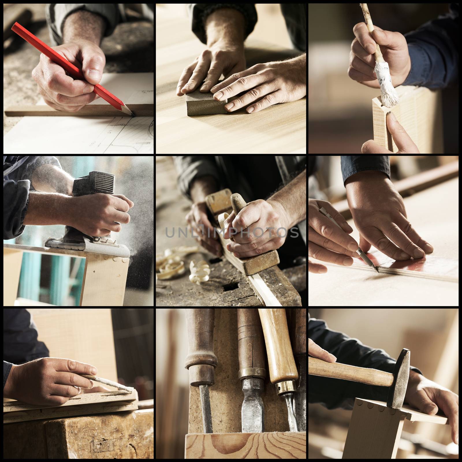 Collage of Carpenter at work, hands close up