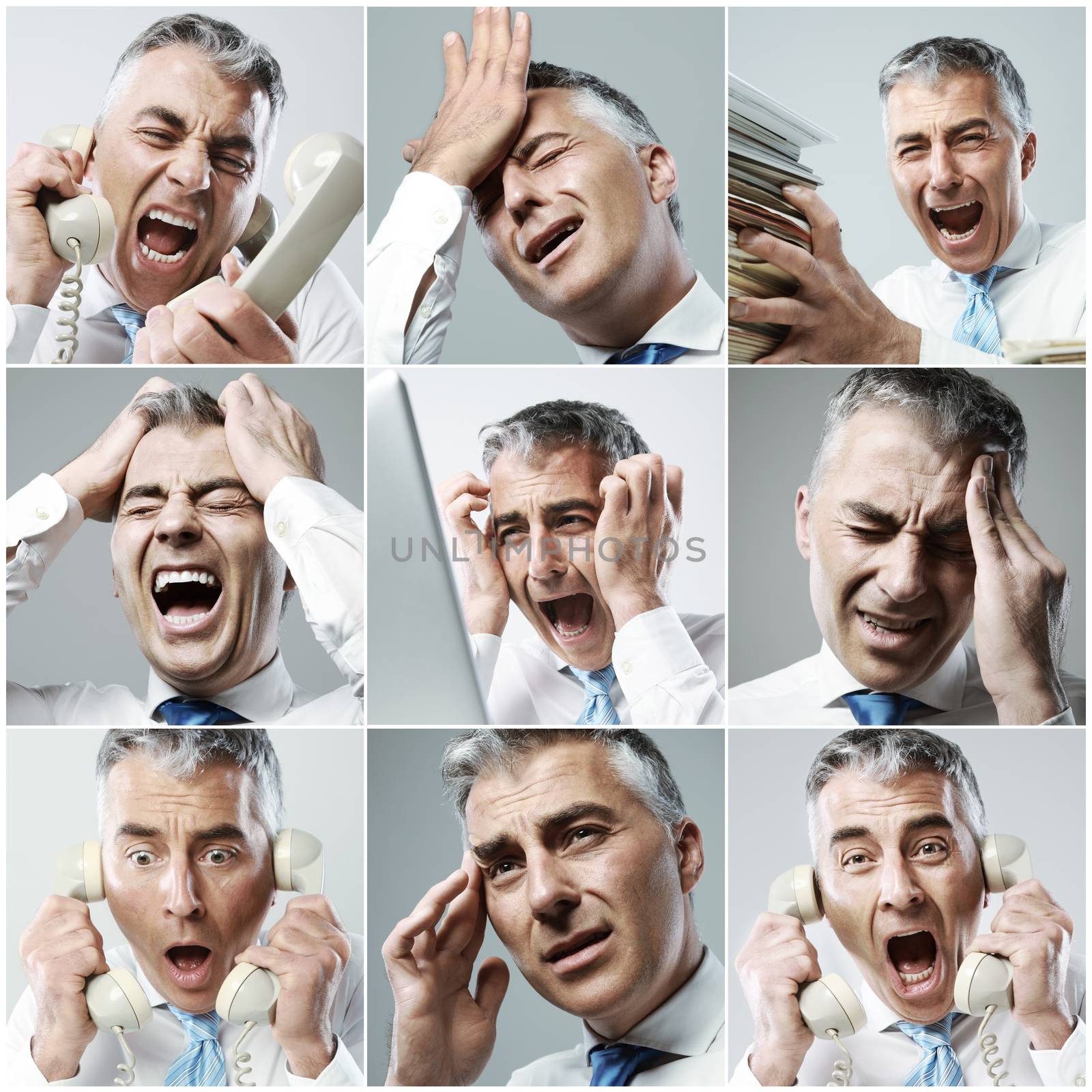 Portraits of a stressed businessman. Various images in a collage