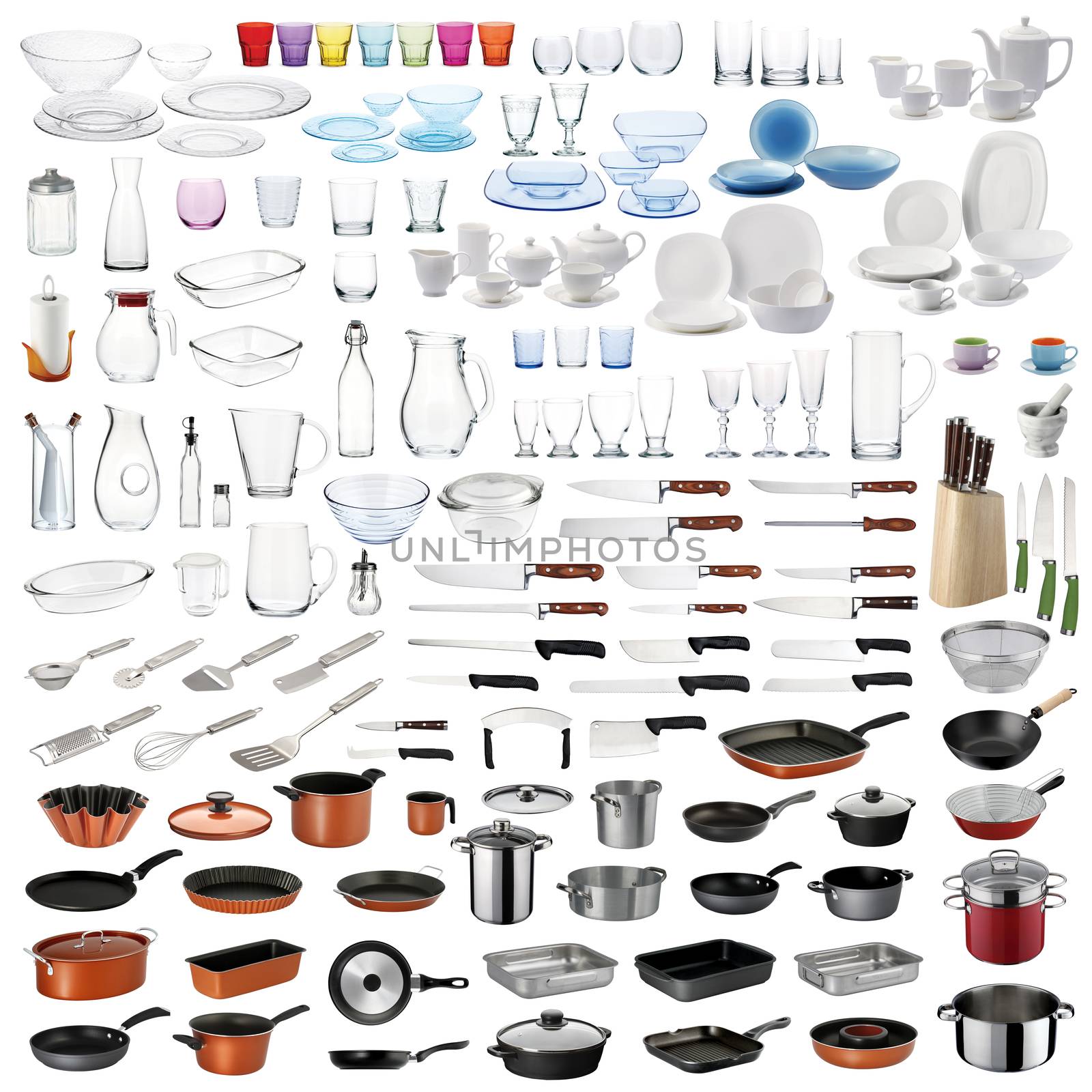 Kitchenware set with cooking/food serving utensils and dishware on white background.
