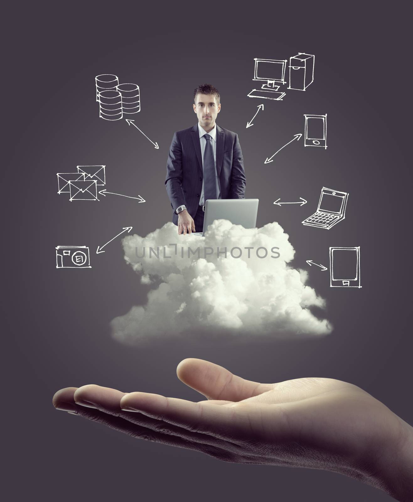 Businessman with laptop on cloud with hand drawn technology icons and hand.