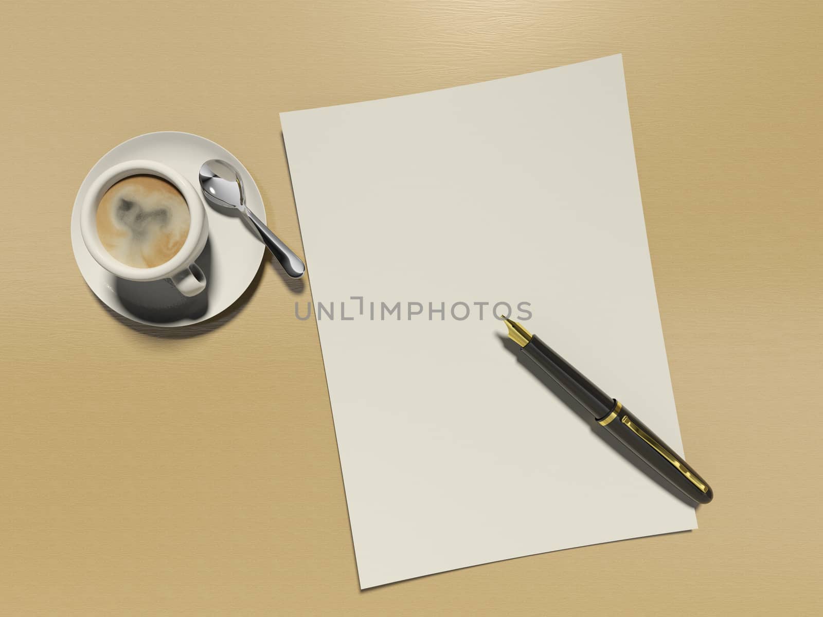 illustration of white cup of coffee, pen and a sheet of paper on the table