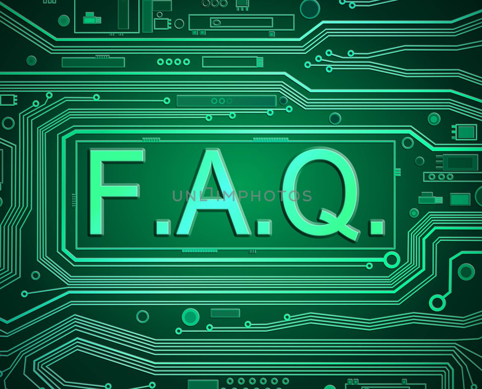 Abstract style illustration depicting printed circuit board components with an FAQ concept..