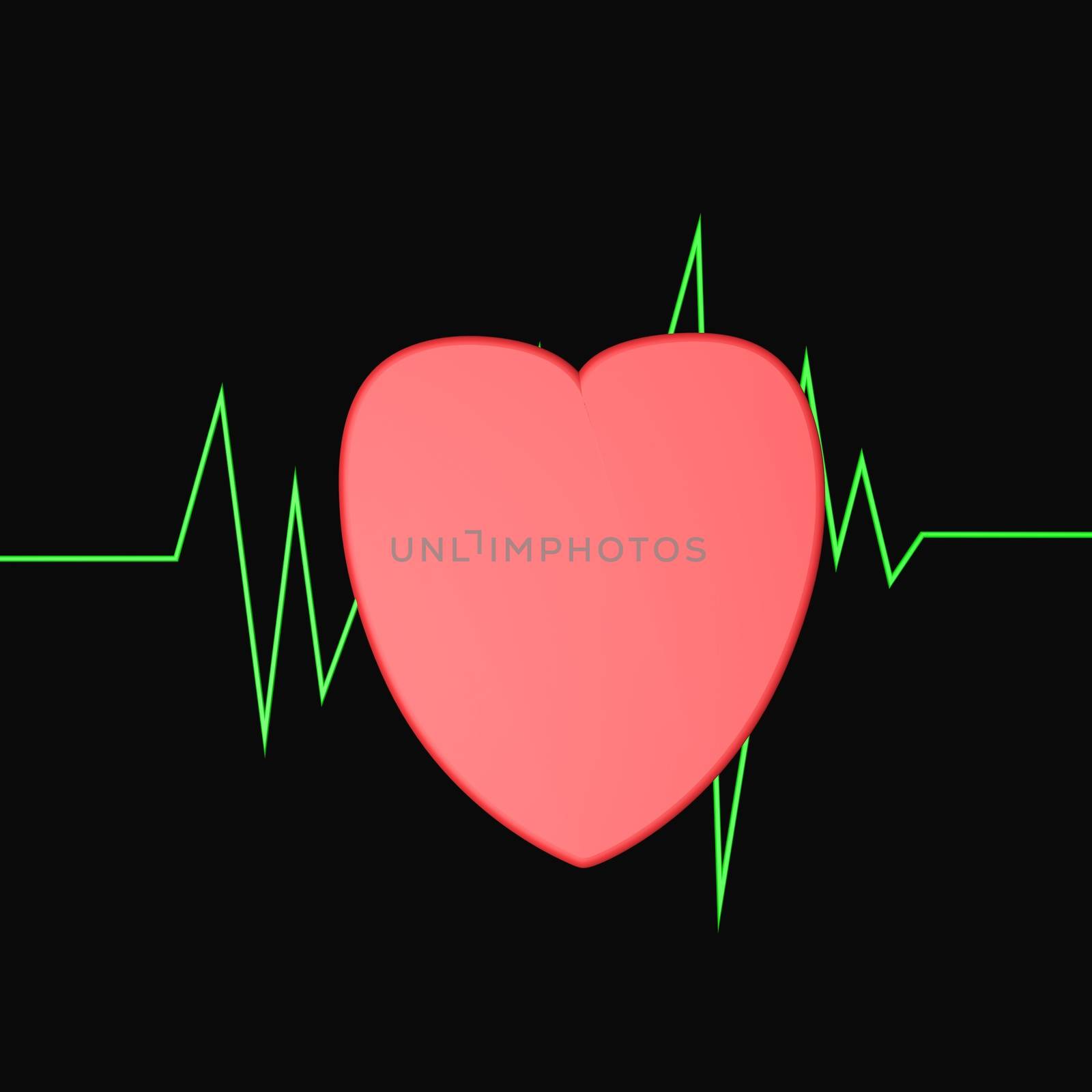 Red heart with green route of cardiogram on the back, 3d render