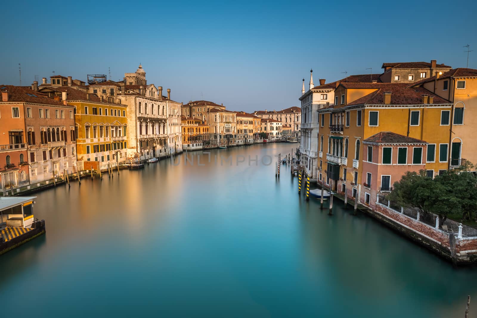 View on Grand Canal and Vaparetto Station from Accademia Bridge at Sunrise, Venice, Italy
