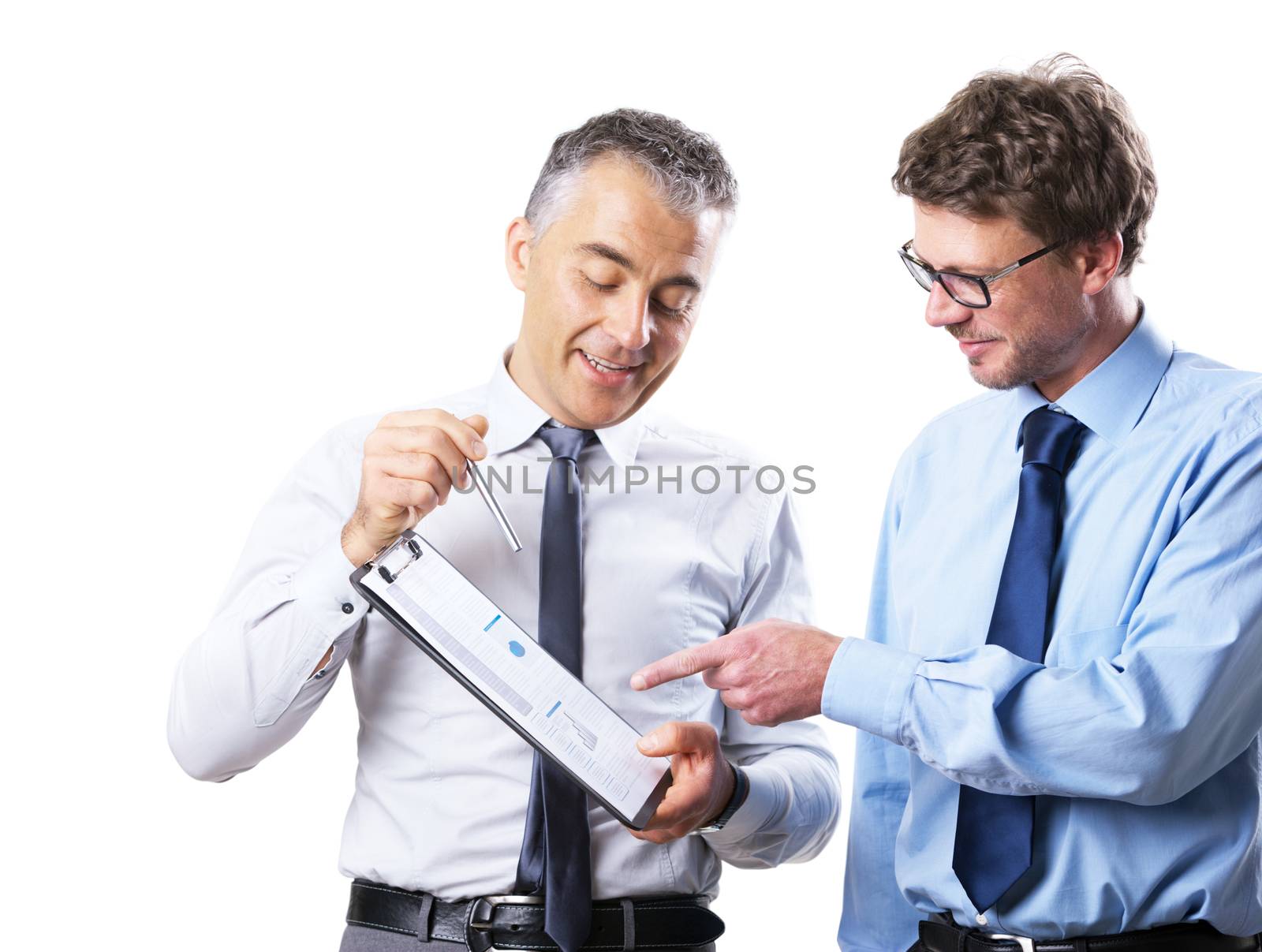 Businessman showing documents to his collegue and discussing on white background.