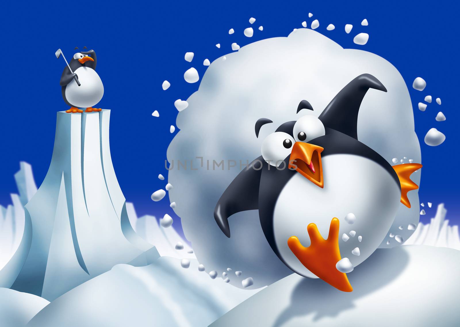 Funny penguin escaping an avalanche with penguin golf player on background.