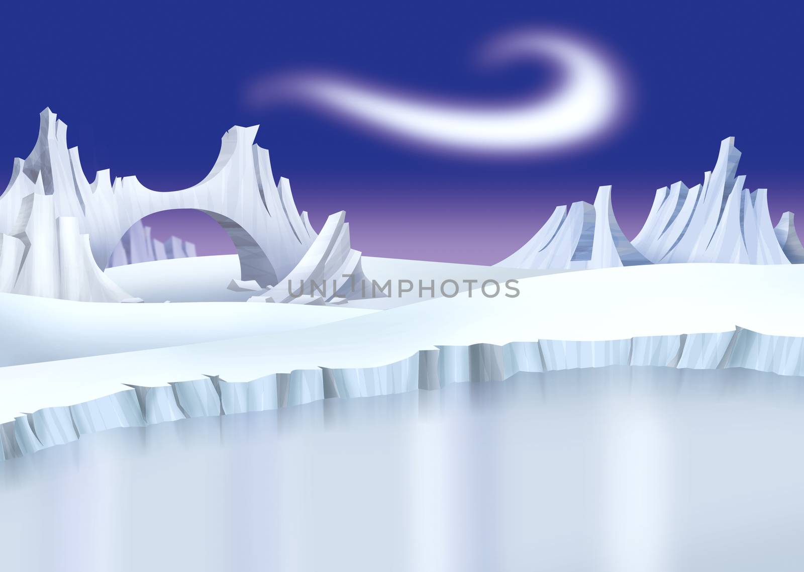 Arctic landscape with ice, frozen lake and blue windy sky on background.