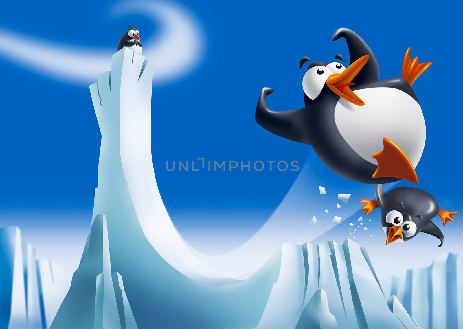 Cute funny penguins sliding down an ice slide and smiling with icebergs on background.