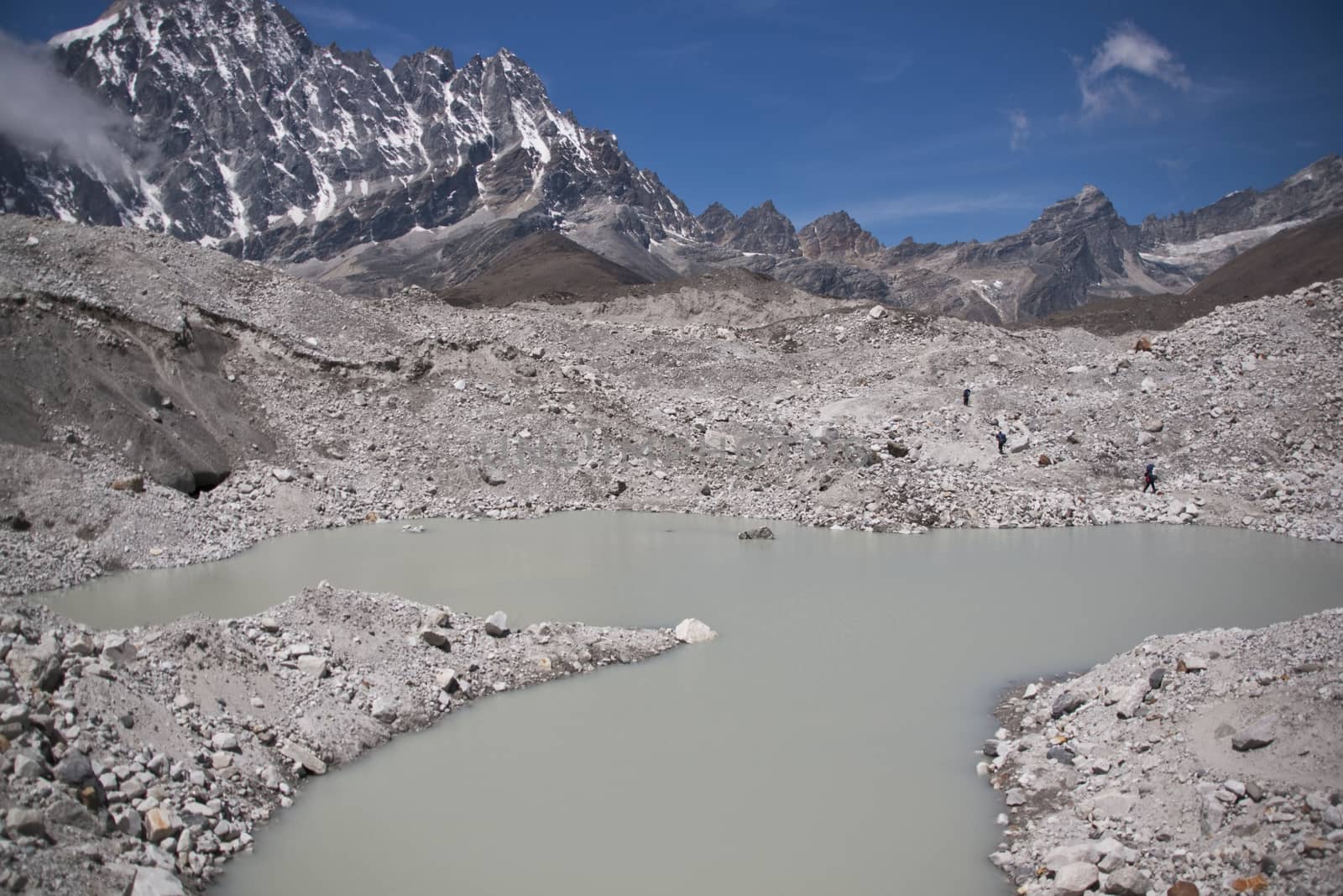 Crossing the rubble strewn Ngozumpa Glacier, 4700 meters up in the Himalaya Mountains of Nepal.