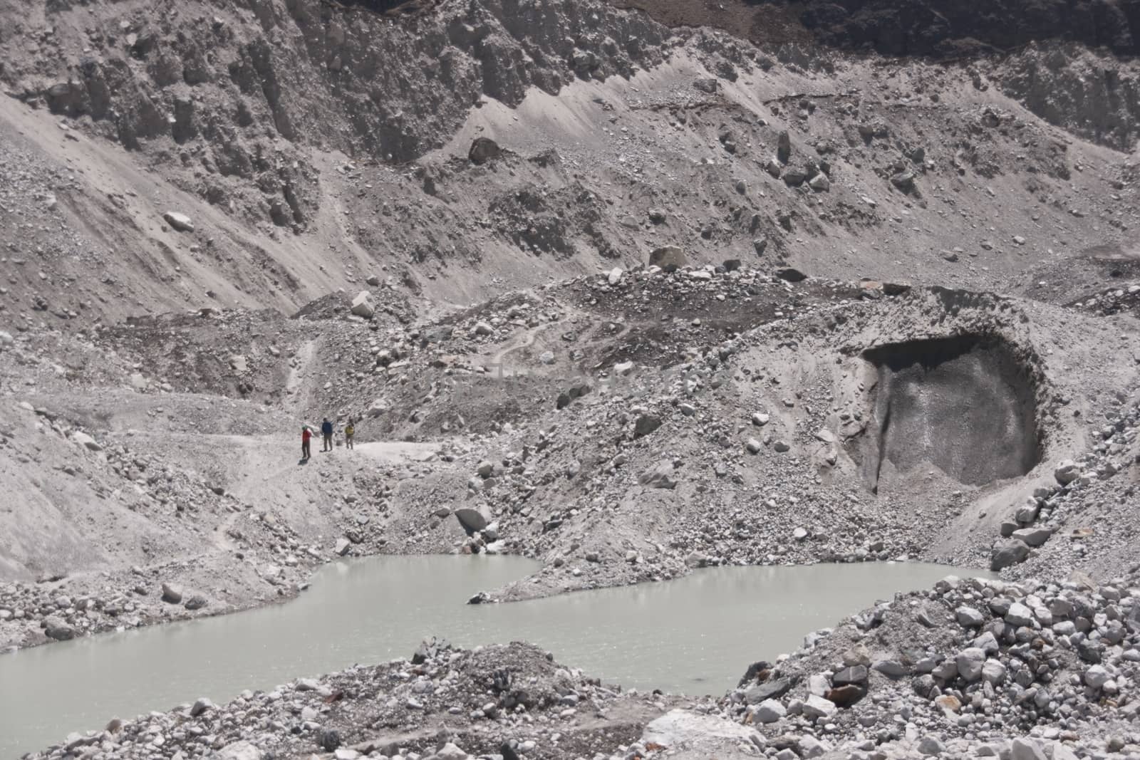 Crossing the rubble strewn Ngozumpa Glacier, 4700 meters up in the Himalaya Mountains of Nepal.