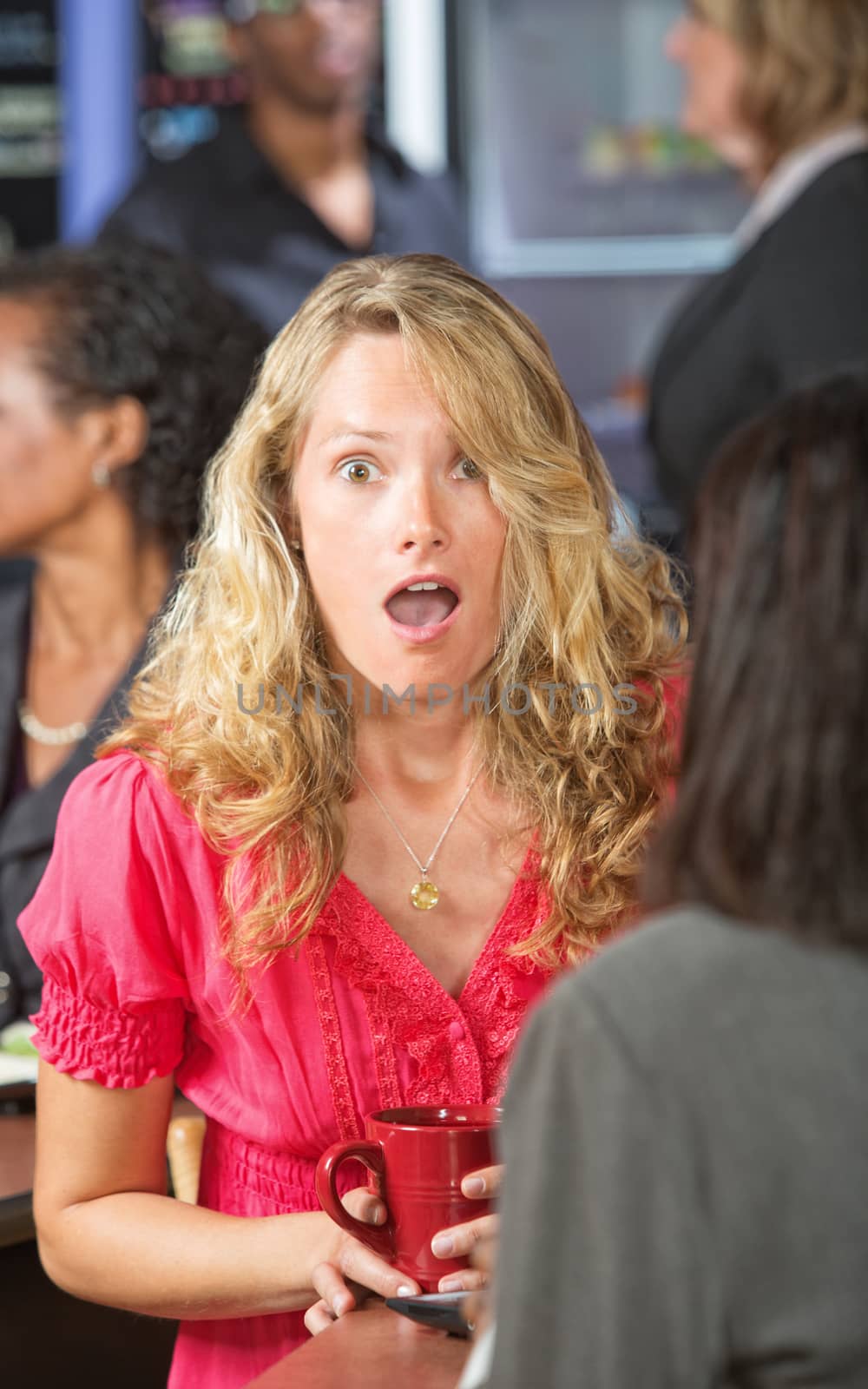 Shocked young lady in cafe with friend