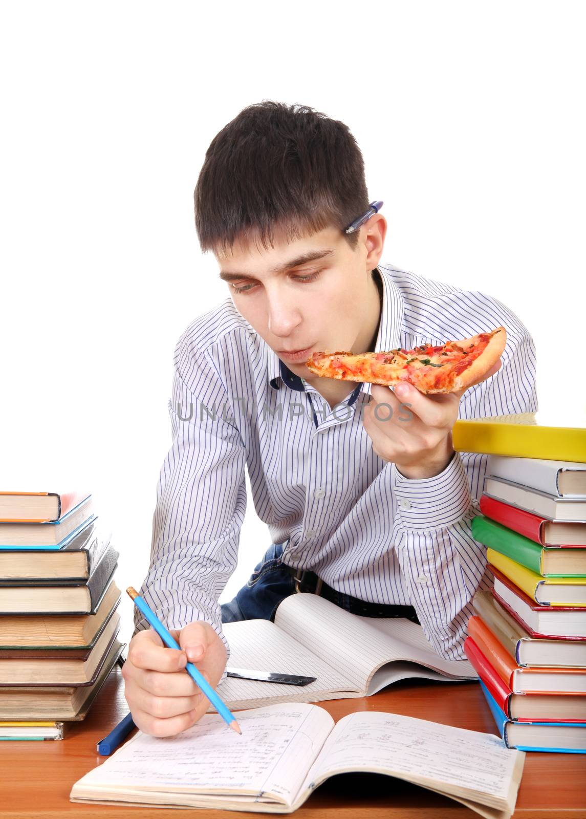 Hungry Student with Pizza working for Exam on the White Background