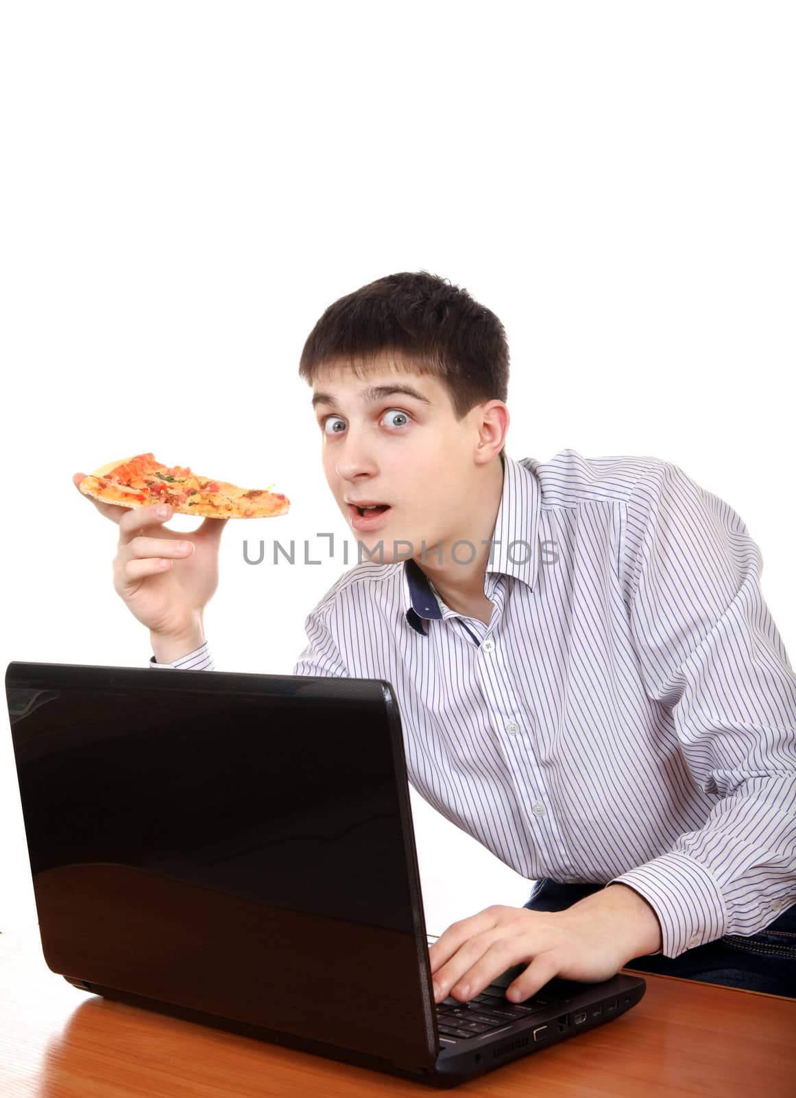 Teenager with Laptop and Pizza by sabphoto