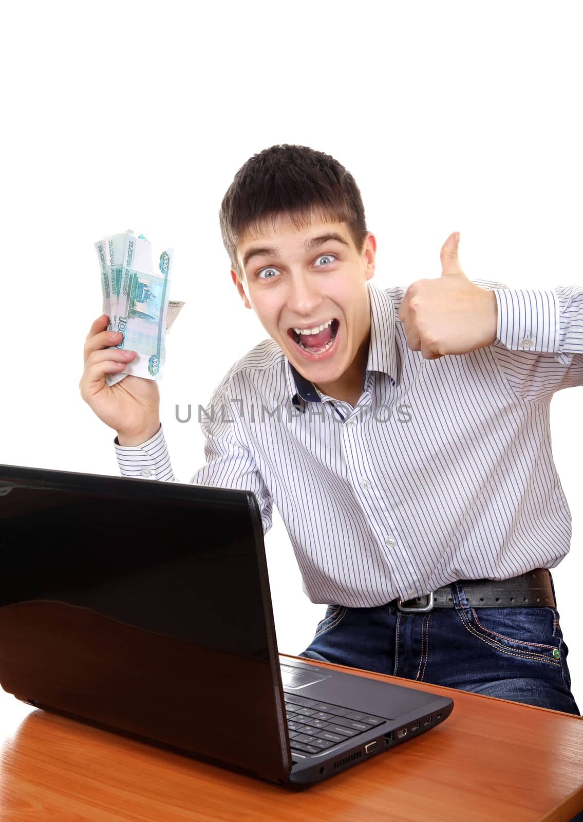 Successful Teenager with Laptop and Russian Currency Isolated on the White Background