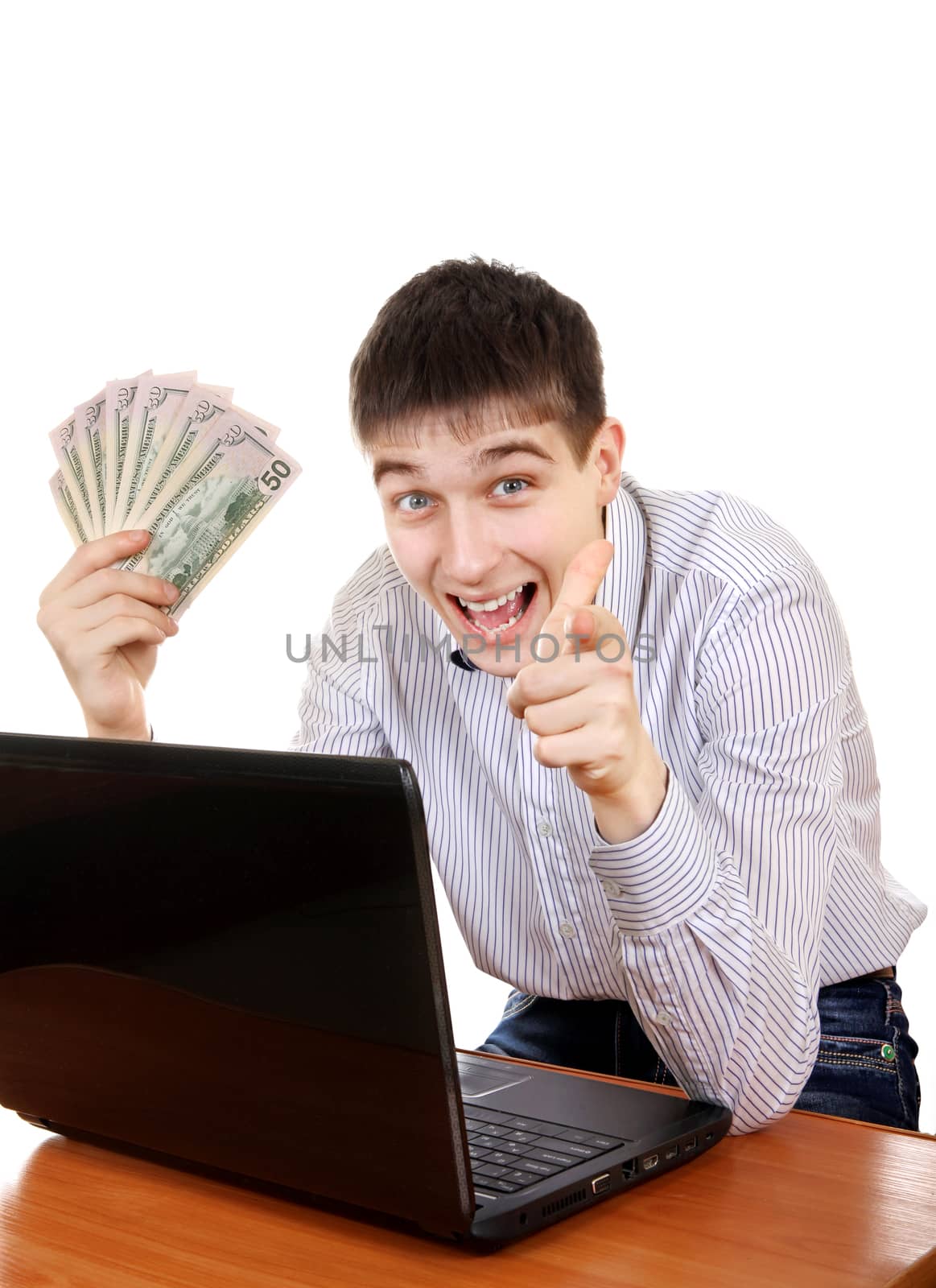 Happy Teenager with Laptop and Money pointing at You on the White Background