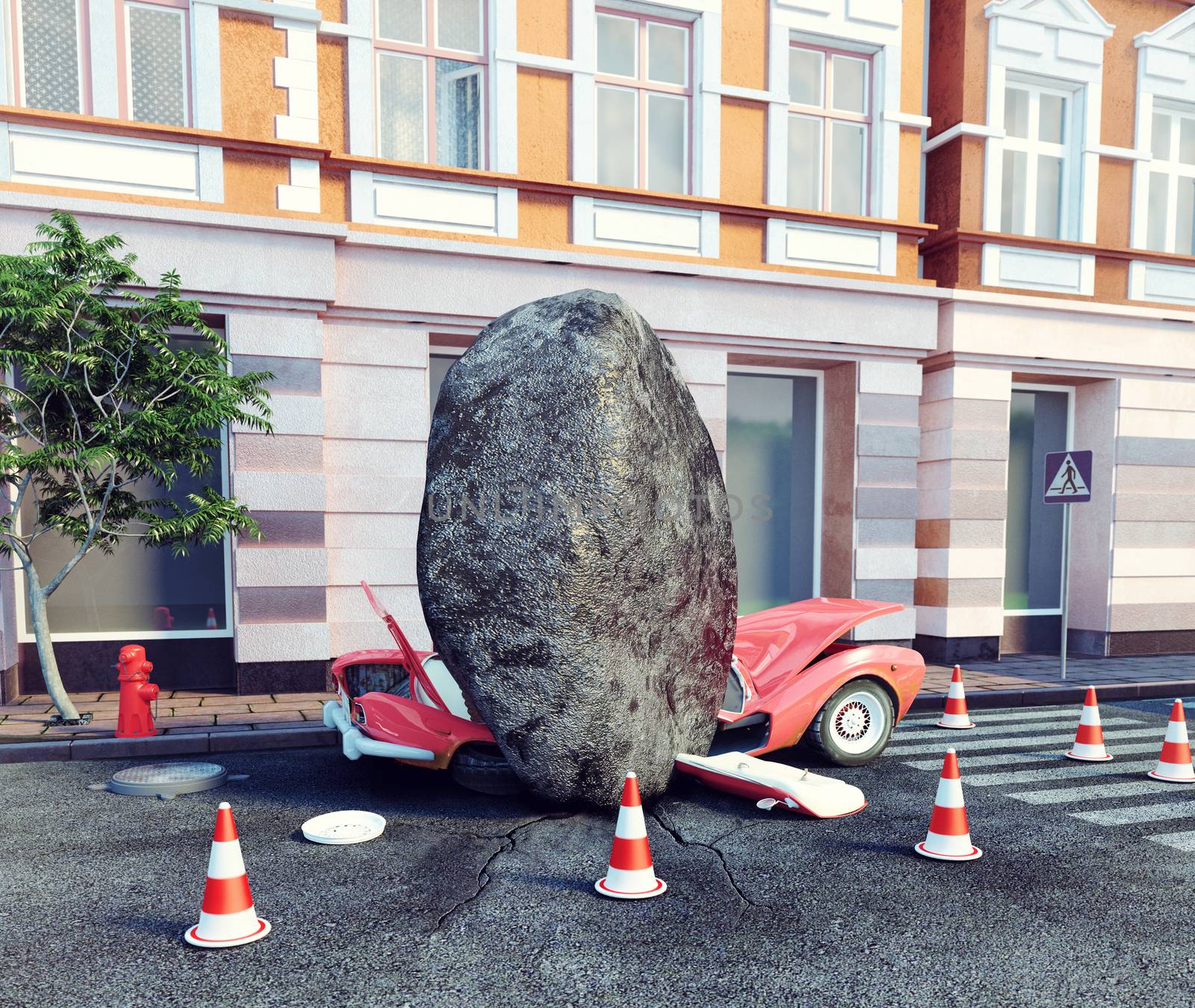 meteorite fell on a parked car. 3d concept
