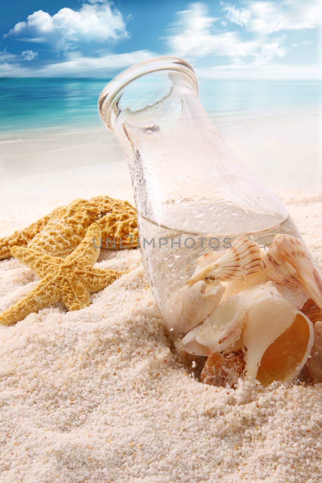  Bottle  with shells on the beach by Sandralise