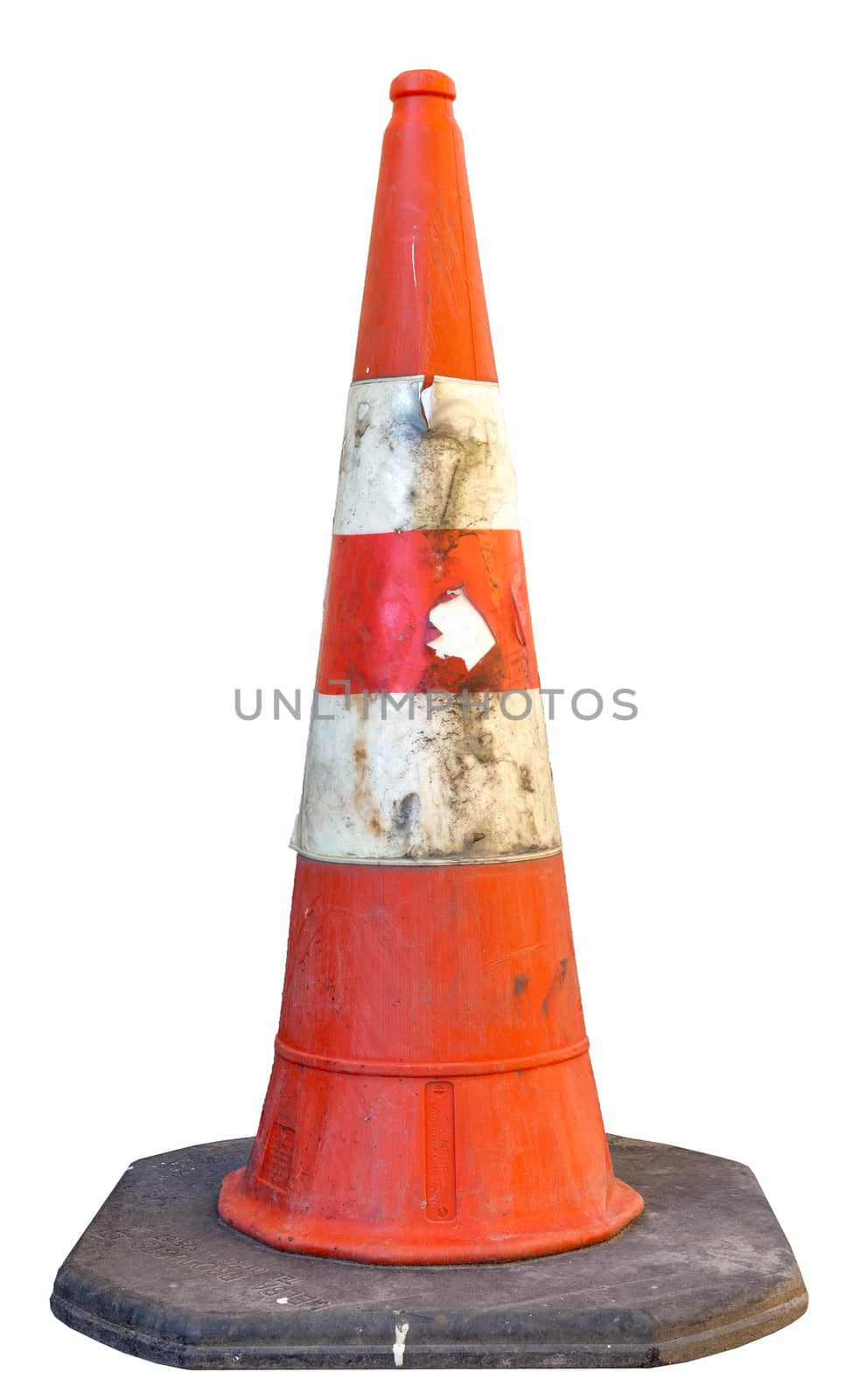 Dirty traffic cone isolated on white