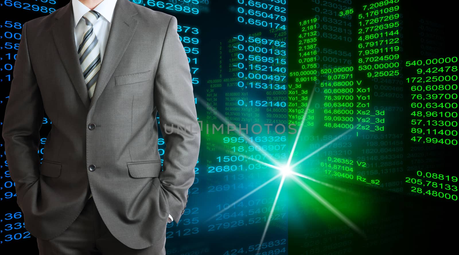 Businessman in a suit with background of green and blue glowing figures