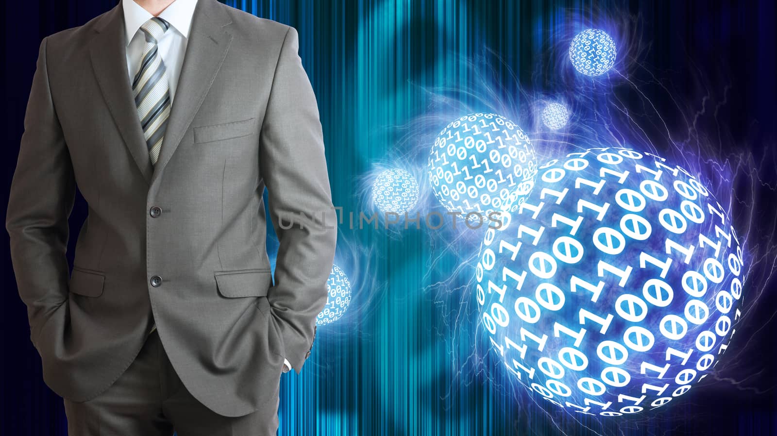 Businessman in a suit. Spheres of glowing digits by cherezoff