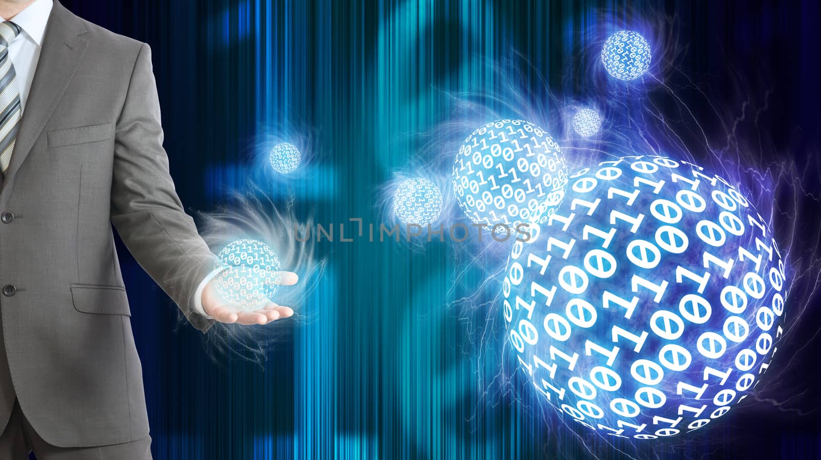 Businessman in suit hold spheres of glowing digits by cherezoff