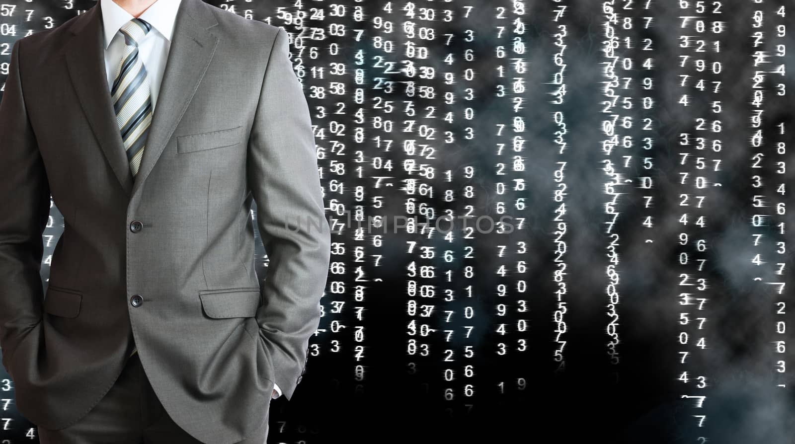 Businessman in a suit with background of white glowing figures