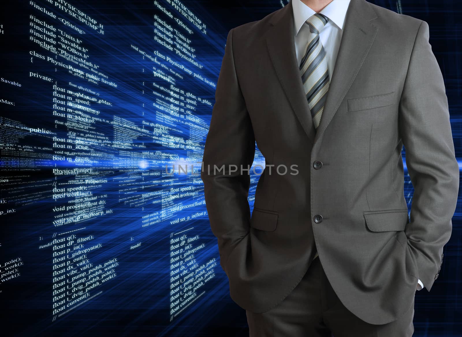 Businessman with background of digital code by cherezoff