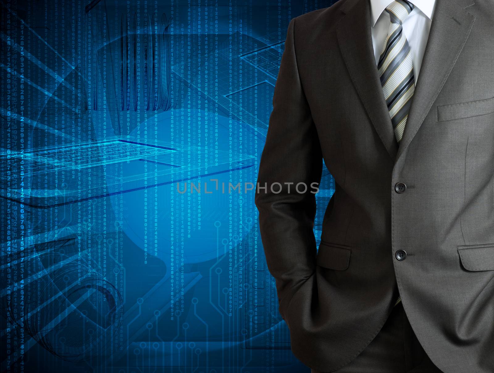 Businessman in a suit with background of glowing lines. Business concept