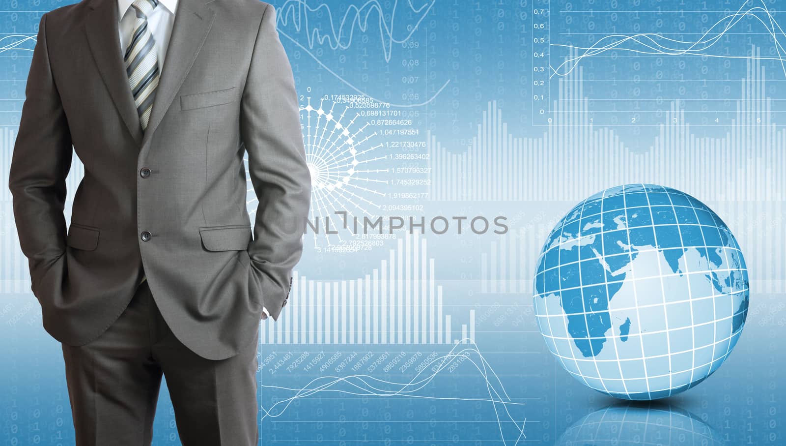 Businessman in a suit with background of Earth and graphics. Business concept