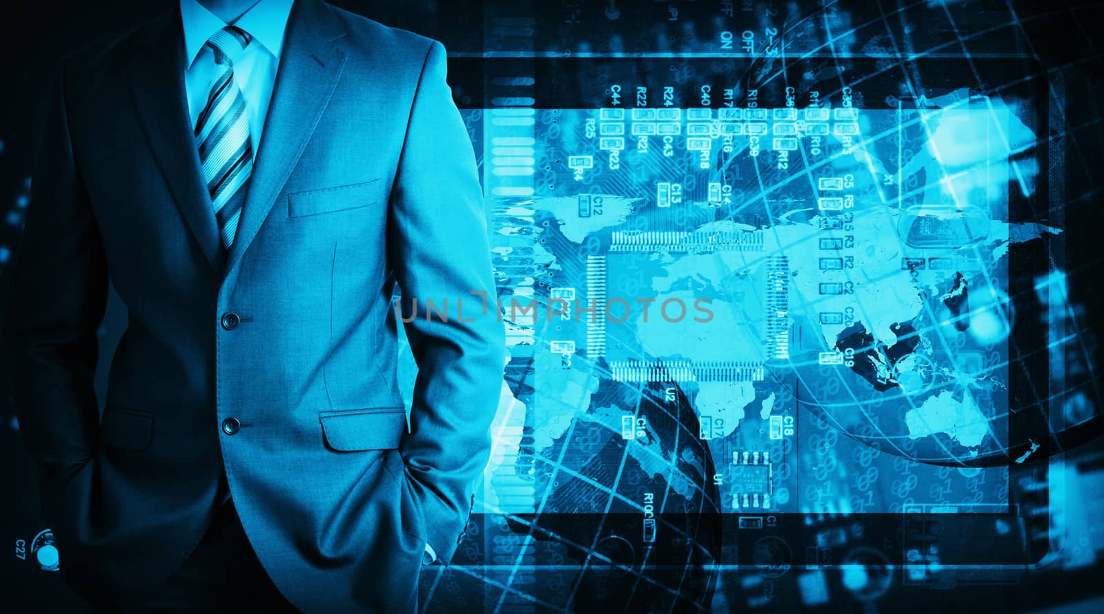 Businessman in a suit with background of microcircuit. Computer technology concept