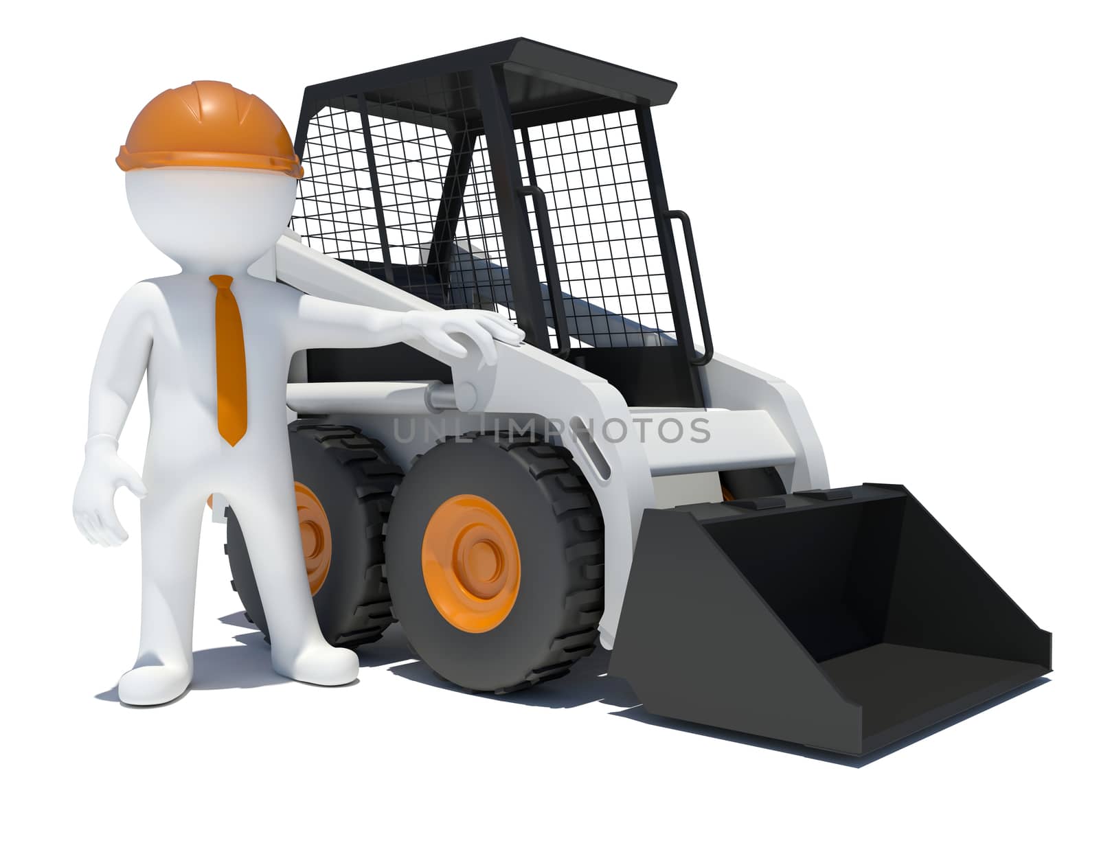 3d worker with construction loader. Isolated on white background